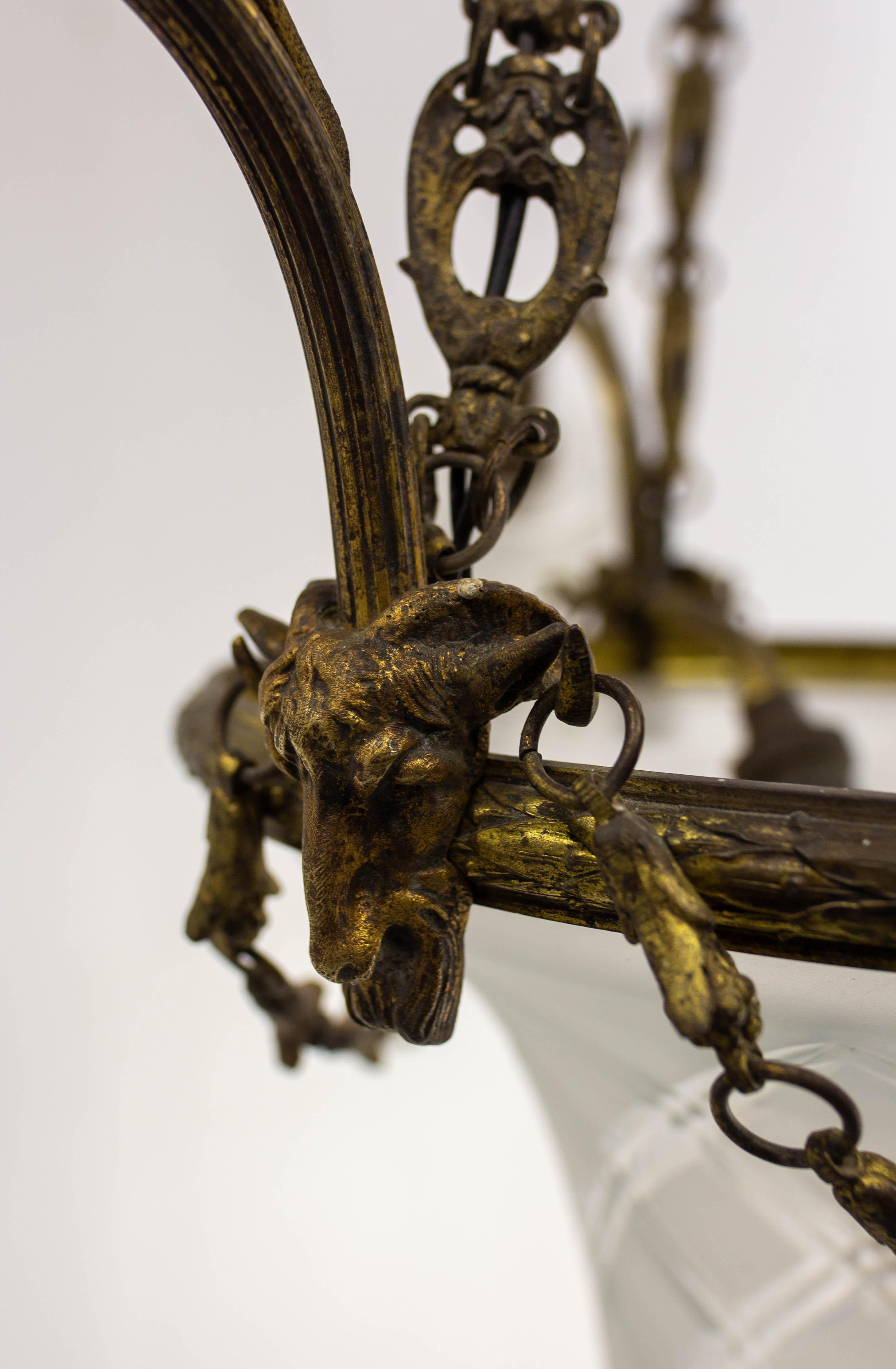 French Lustre Brass & Frozen Glass Ceiling Pendant Chandelier circa 1910 For Sale 7