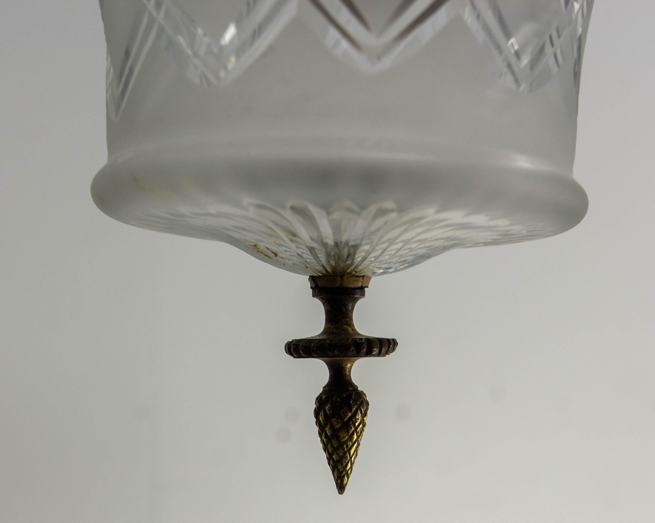 French Lustre Brass & Frozen Glass Ceiling Pendant Chandelier circa 1910 For Sale 8
