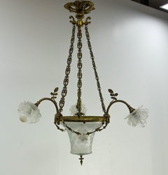 French Lustre Brass & Frozen Glass Ceiling Pendant Chandelier circa 1910