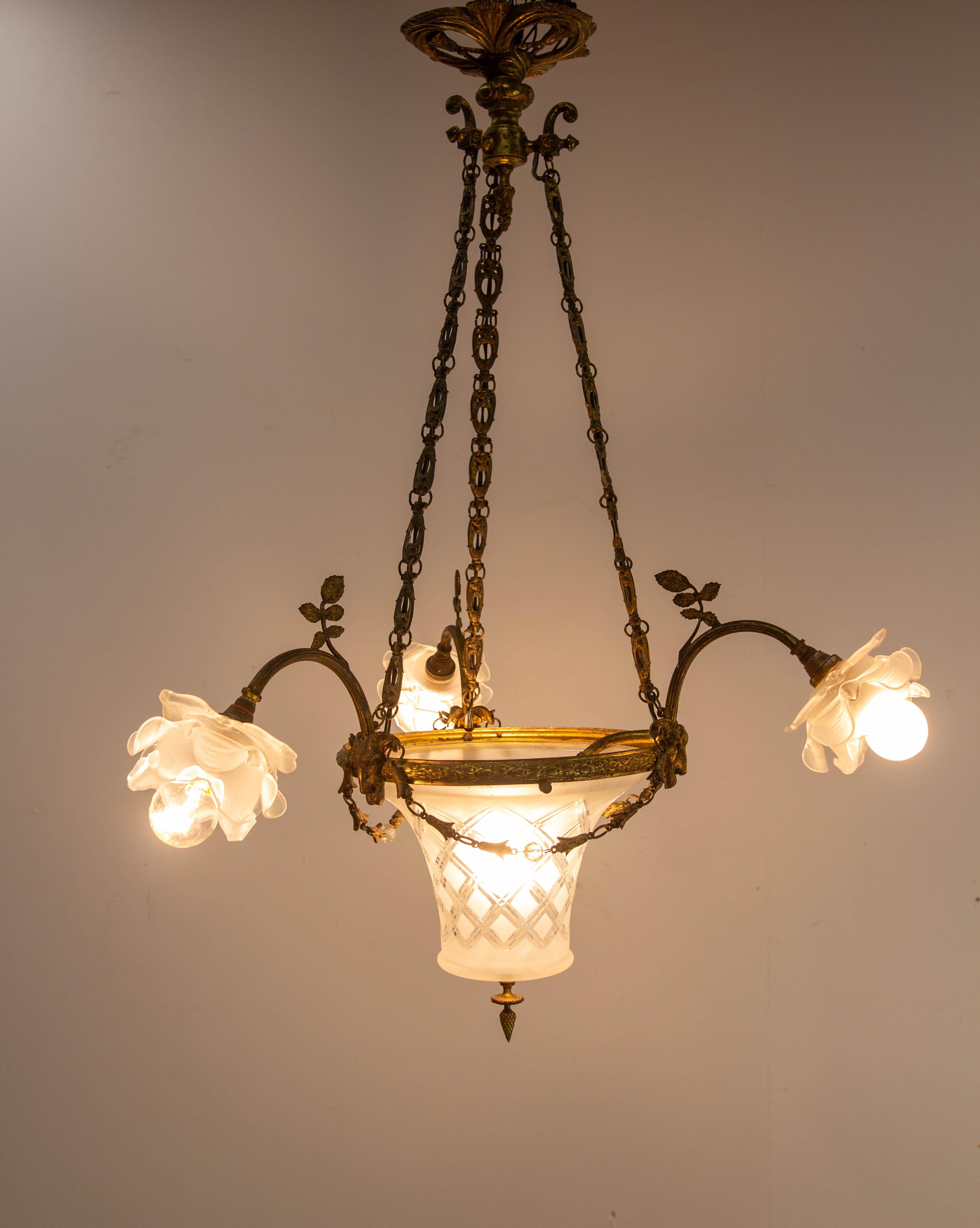 Louis XVI French Lustre Brass & Frozen Glass Ceiling Pendant Chandelier circa 1910 For Sale