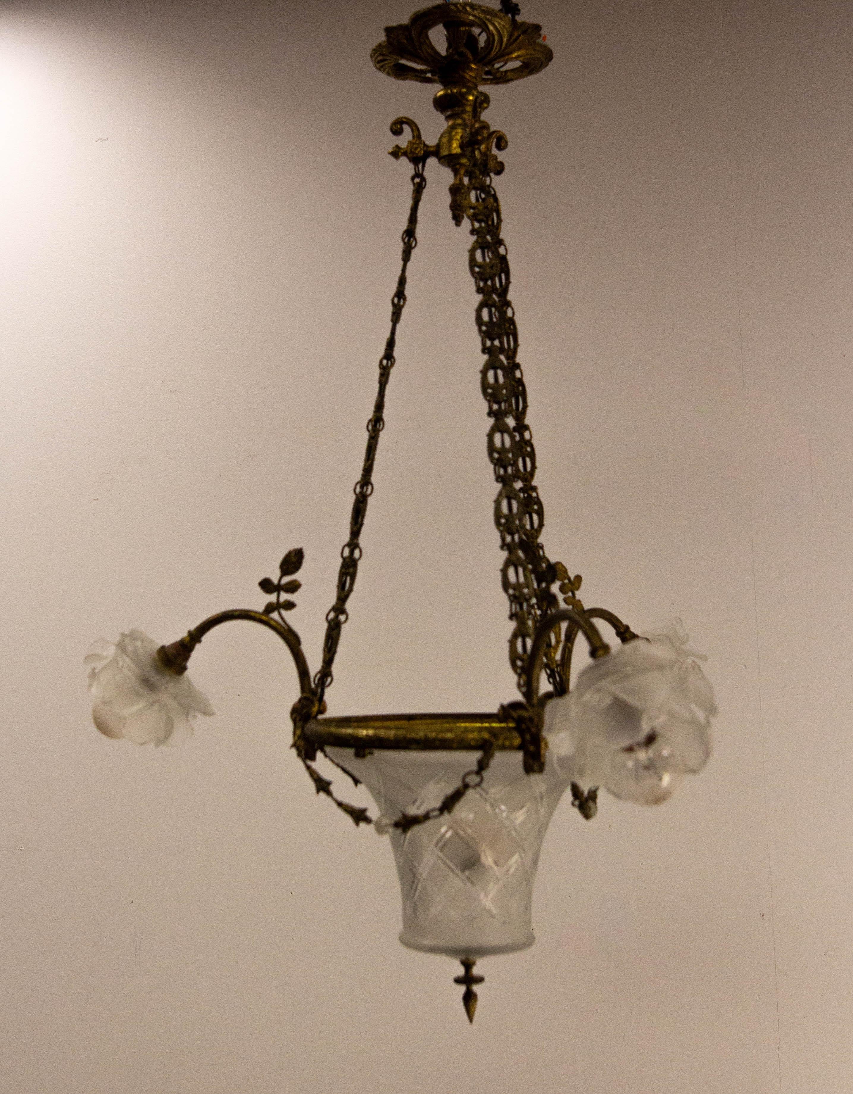 Early 20th Century French Lustre Brass & Frozen Glass Ceiling Pendant Chandelier circa 1910 For Sale