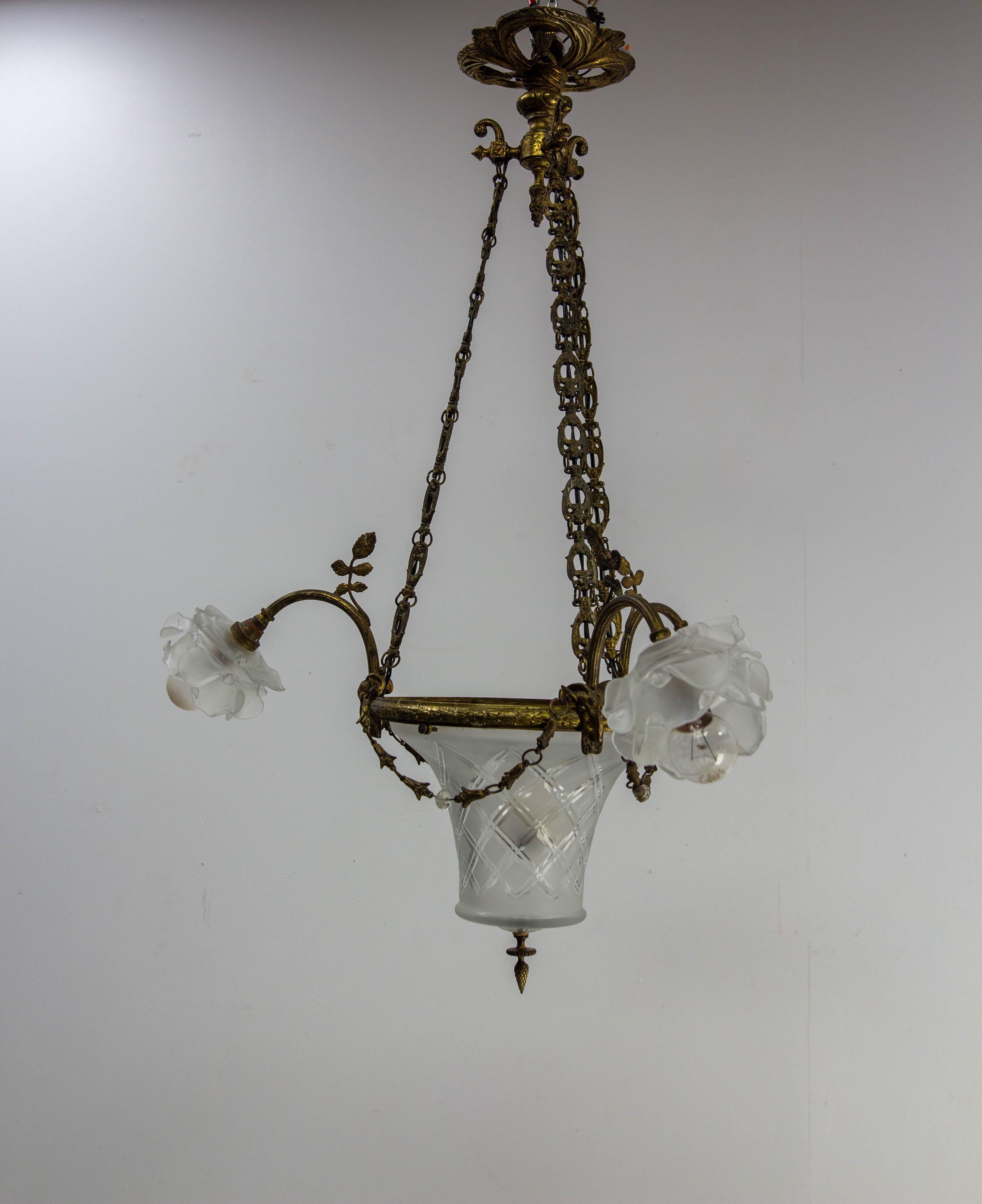 French Lustre Brass & Frozen Glass Ceiling Pendant Chandelier circa 1910 For Sale 1