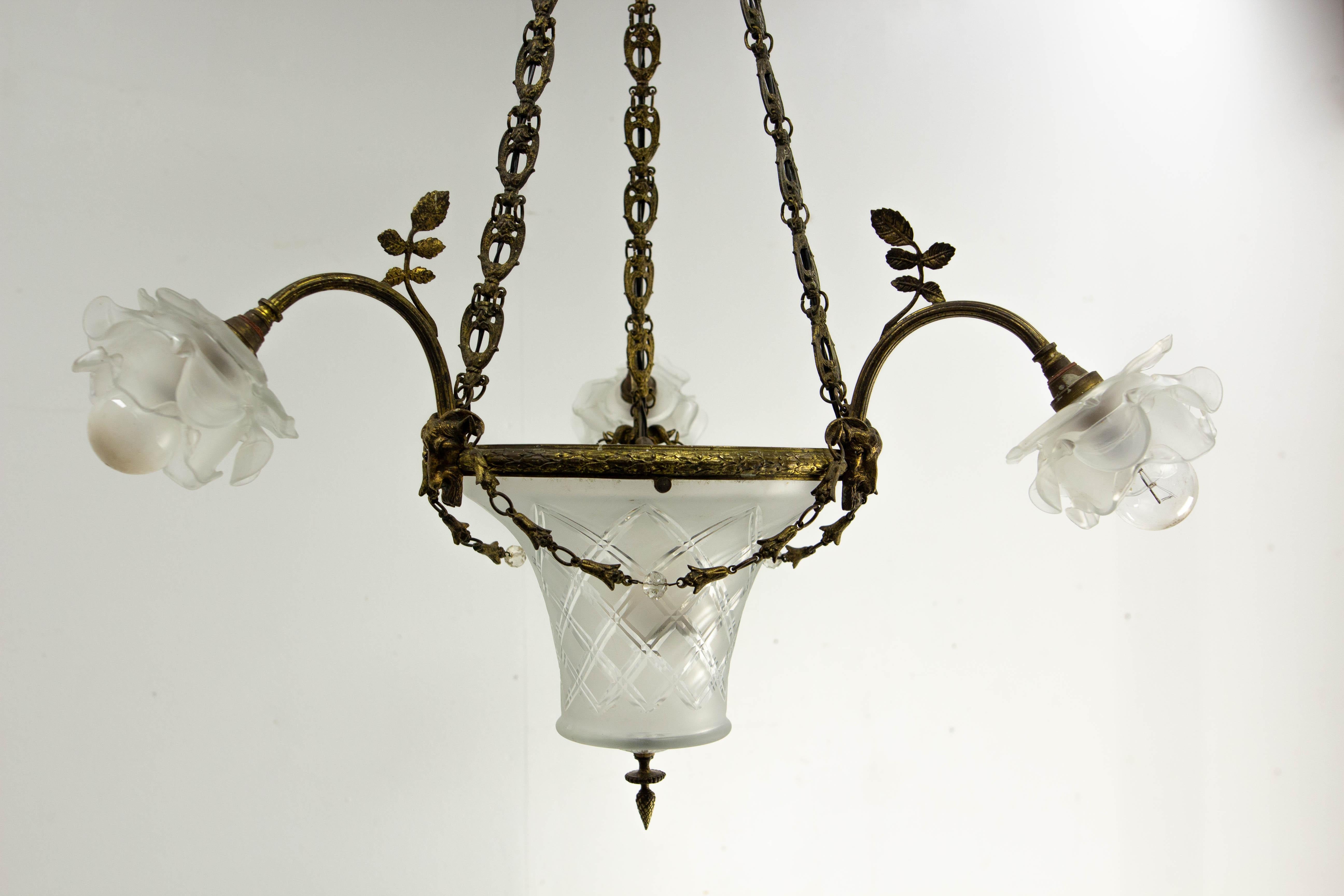French Lustre Brass & Frozen Glass Ceiling Pendant Chandelier circa 1910 For Sale 2