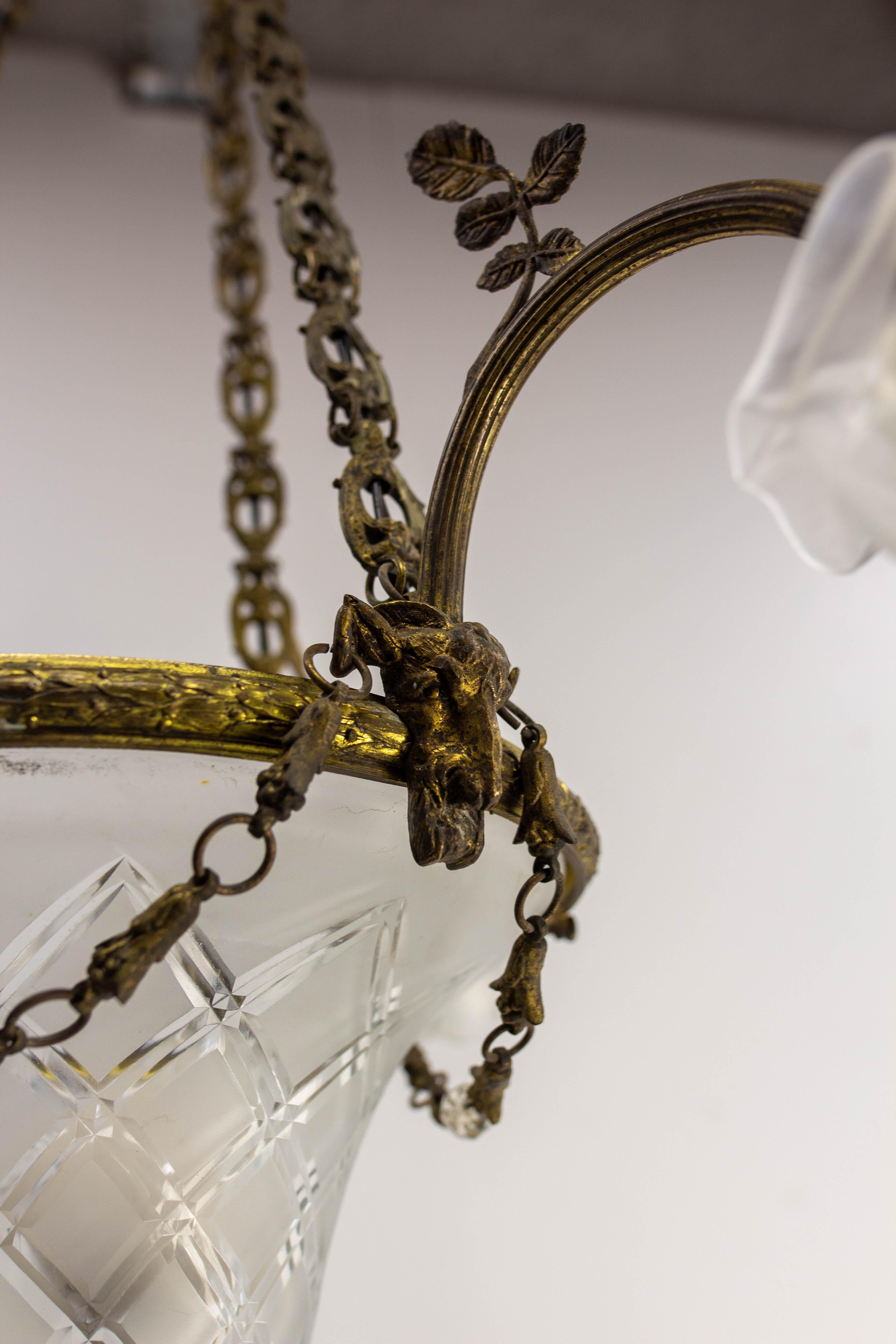 French Lustre Brass & Frozen Glass Ceiling Pendant Chandelier circa 1910 For Sale 3