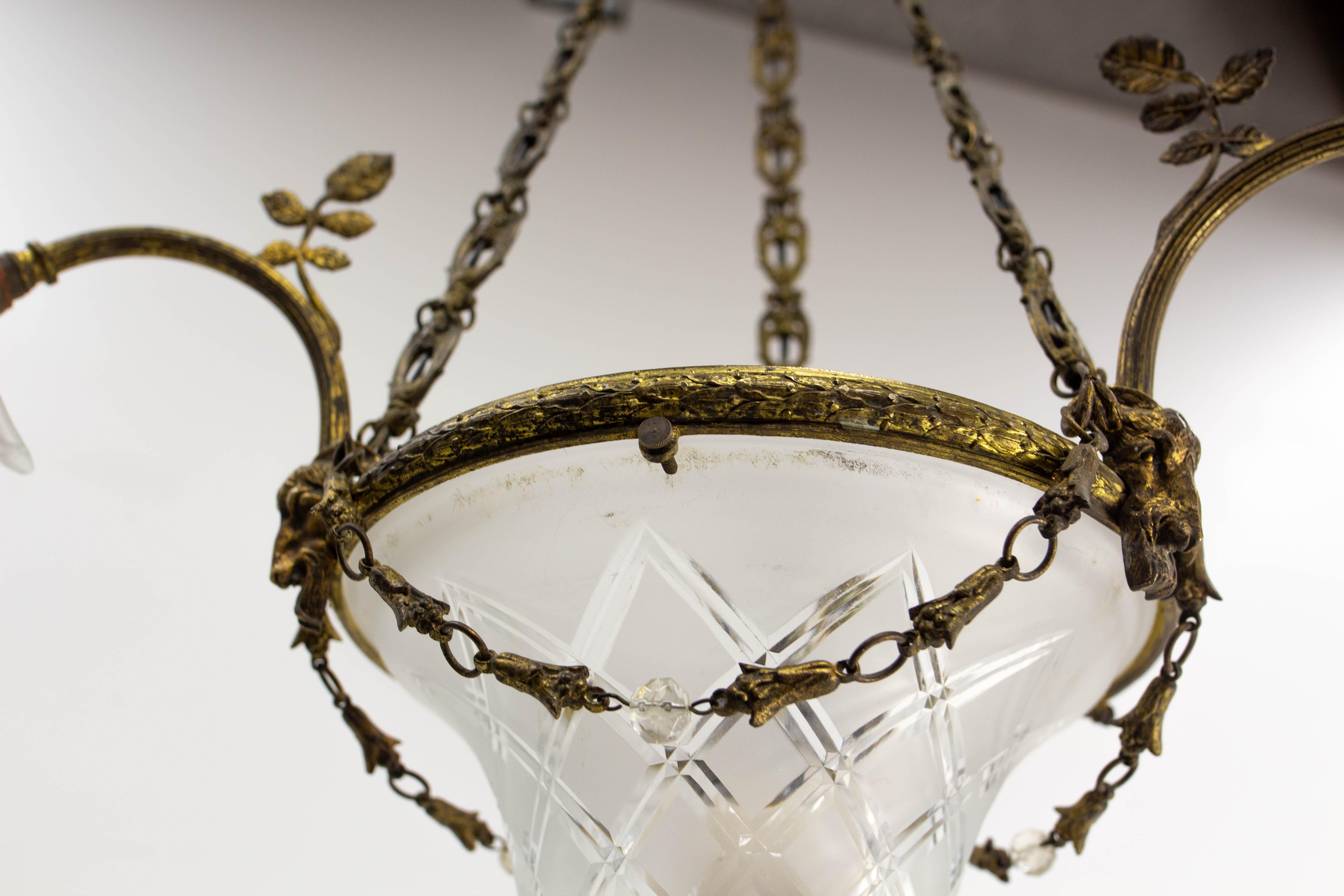 French Lustre Brass & Frozen Glass Ceiling Pendant Chandelier circa 1910 For Sale 4
