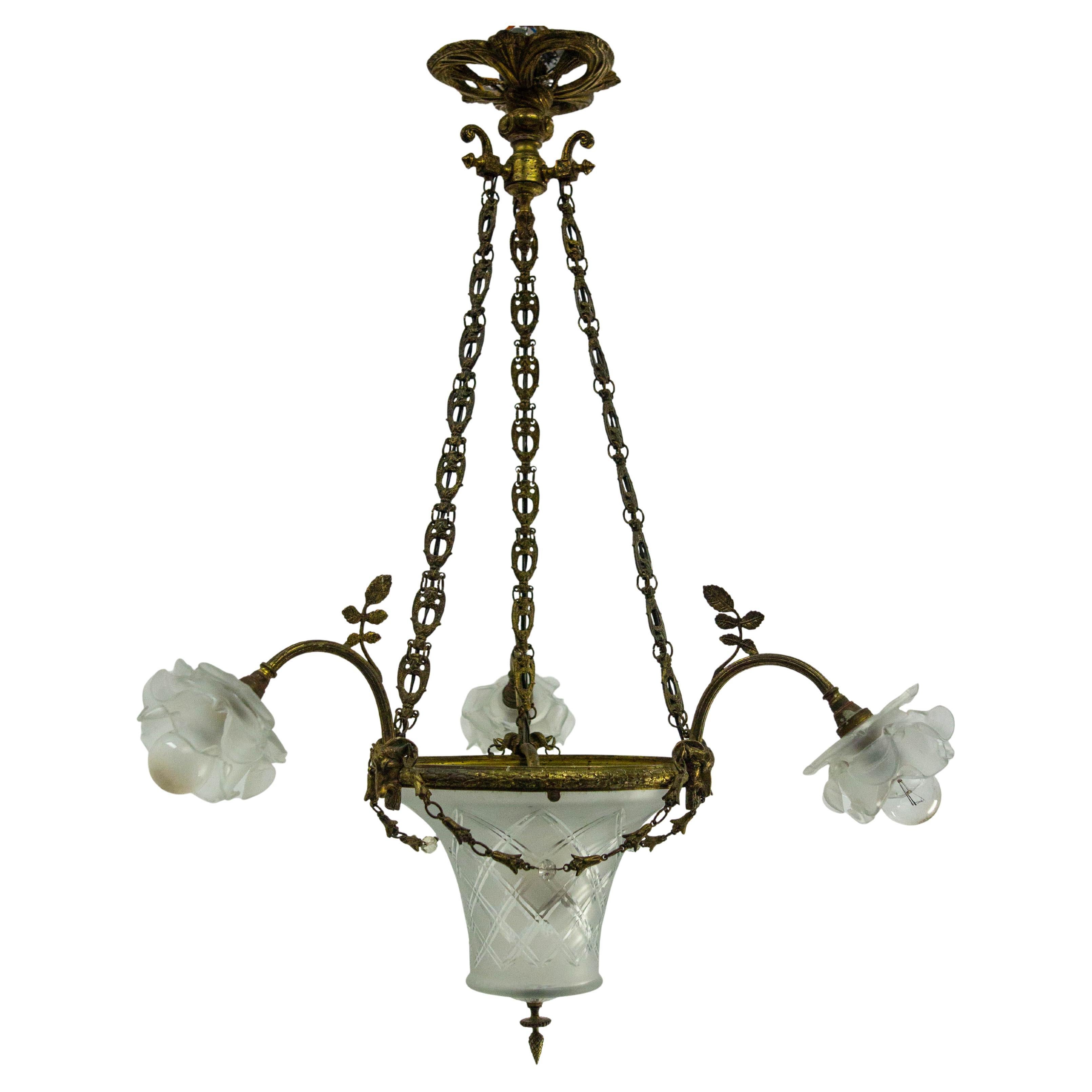 French Lustre Brass & Frozen Glass Ceiling Pendant Chandelier circa 1910