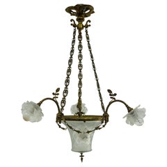 French Lustre Brass & Frozen Glass Ceiling Pendant Chandelier circa 1910