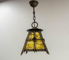 French Lustre Colored Glass &  Iron Ceiling Pendant Chandelier circa 1960
