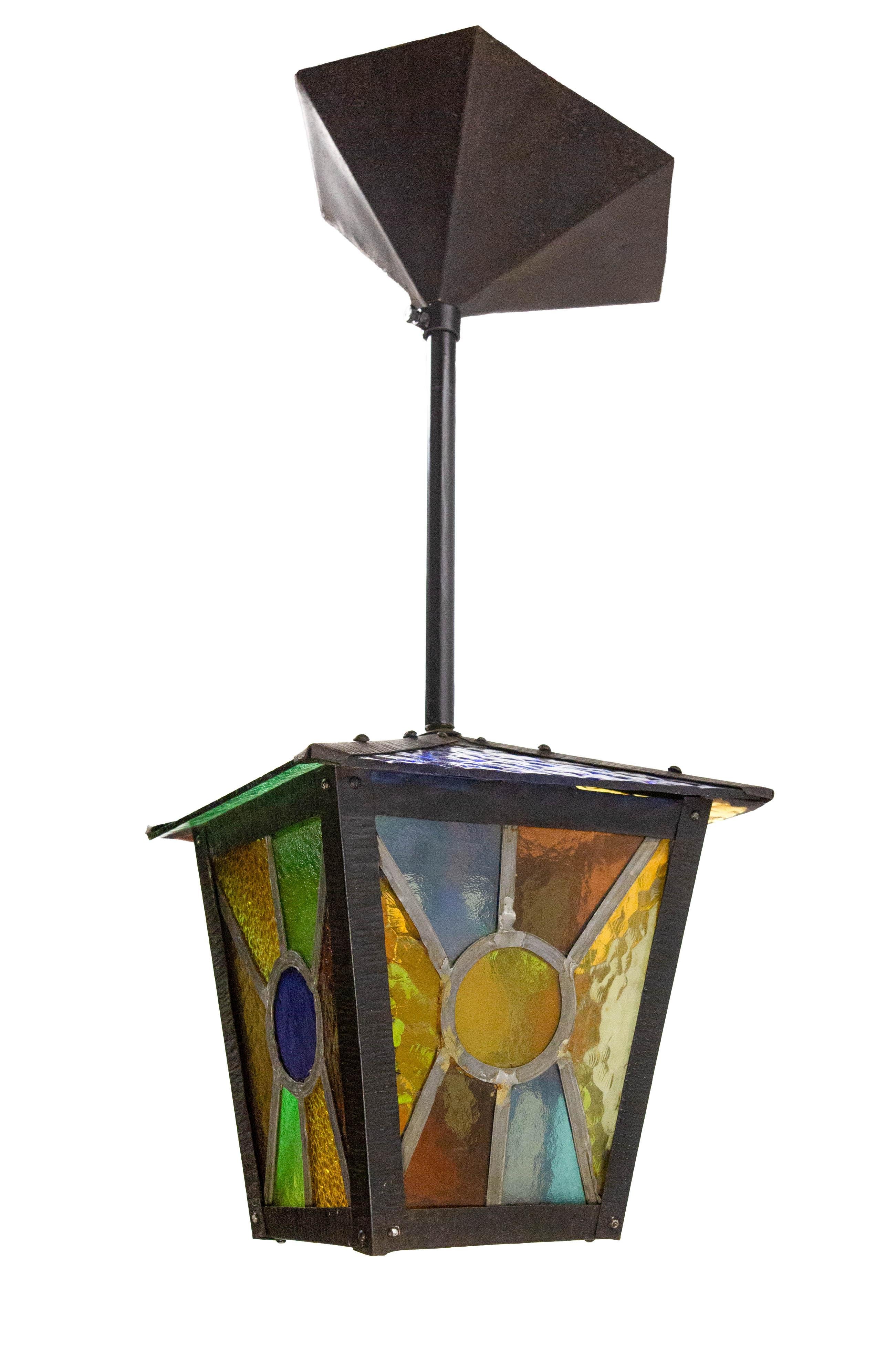 Mid-Century Modern French Lustre Colored Glass &  Iron Ceiling Pendant Chandelier circa 1960 For Sale