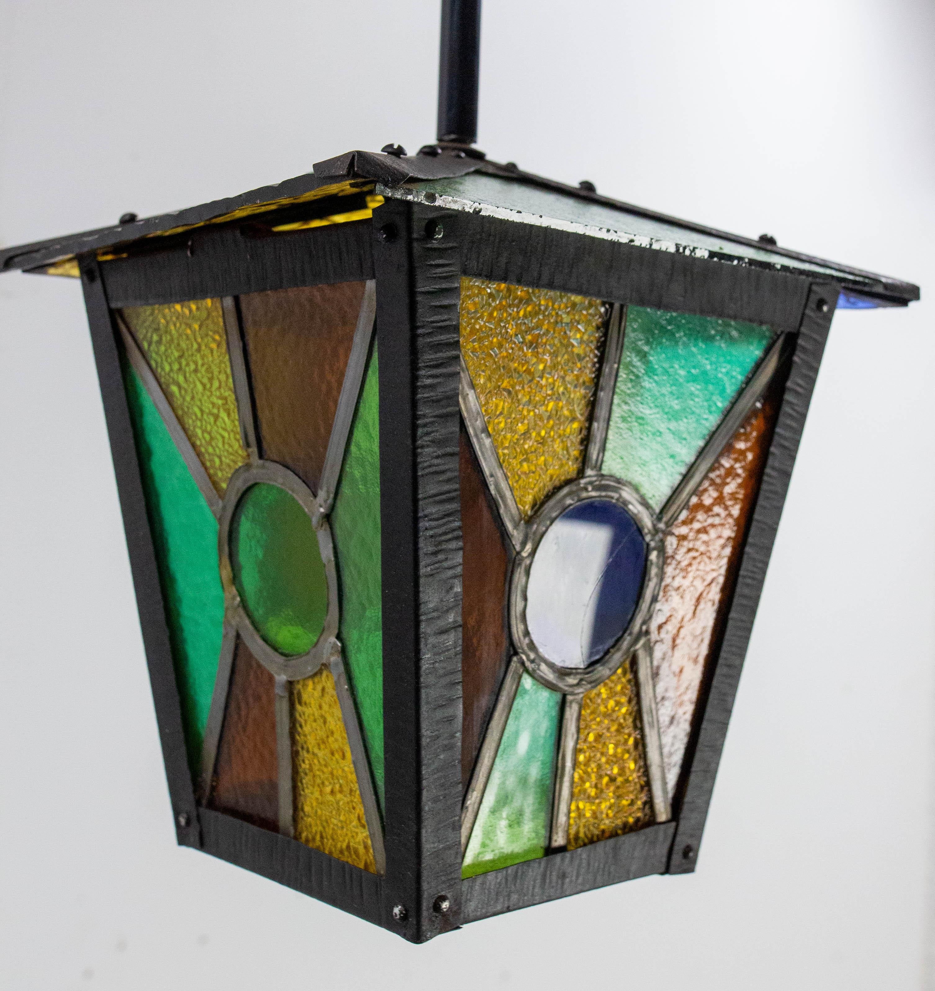 French Lustre Colored Glass &  Iron Ceiling Pendant Chandelier circa 1960 In Good Condition For Sale In Labrit, Landes