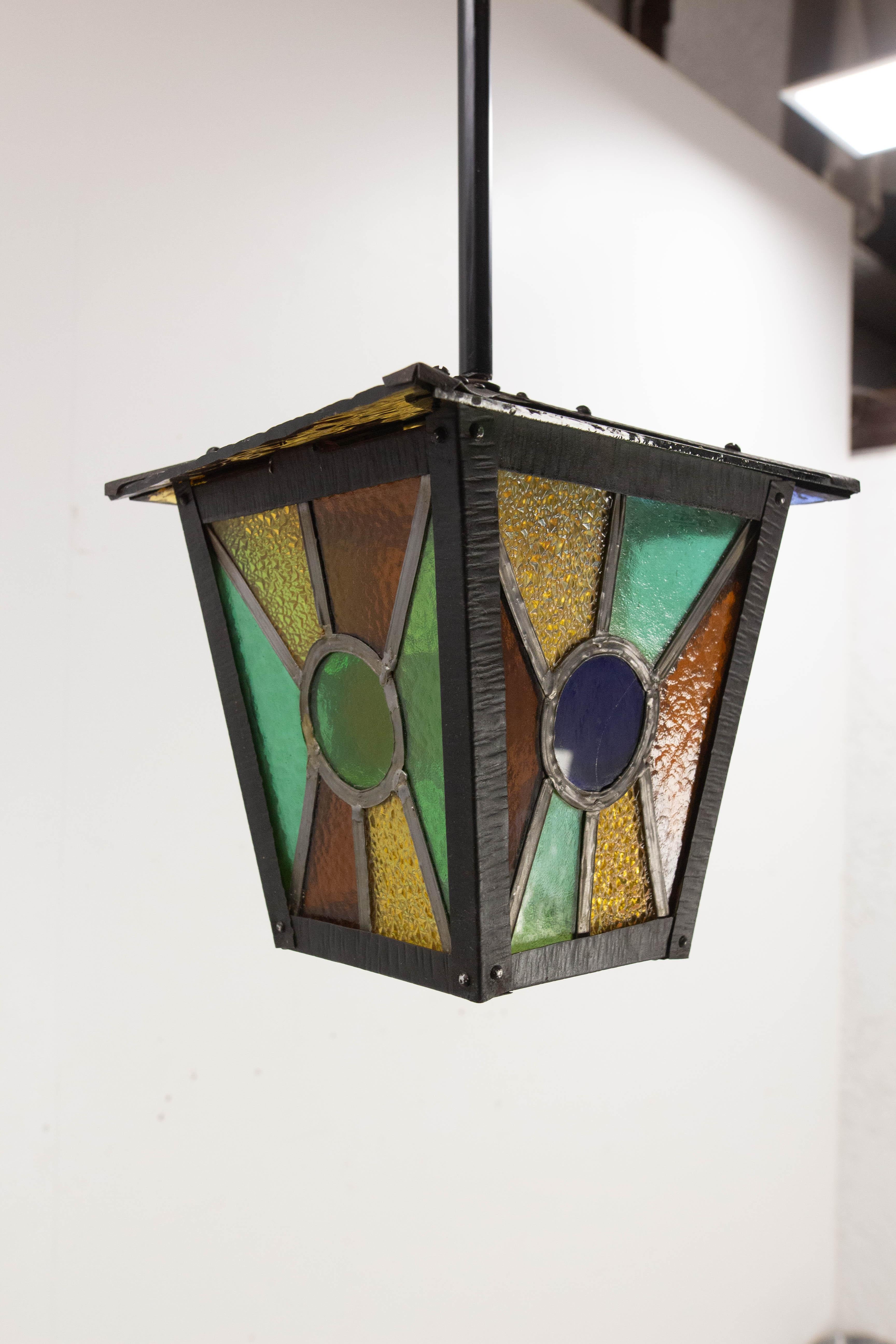 Mid-20th Century French Lustre Colored Glass &  Iron Ceiling Pendant Chandelier circa 1960 For Sale