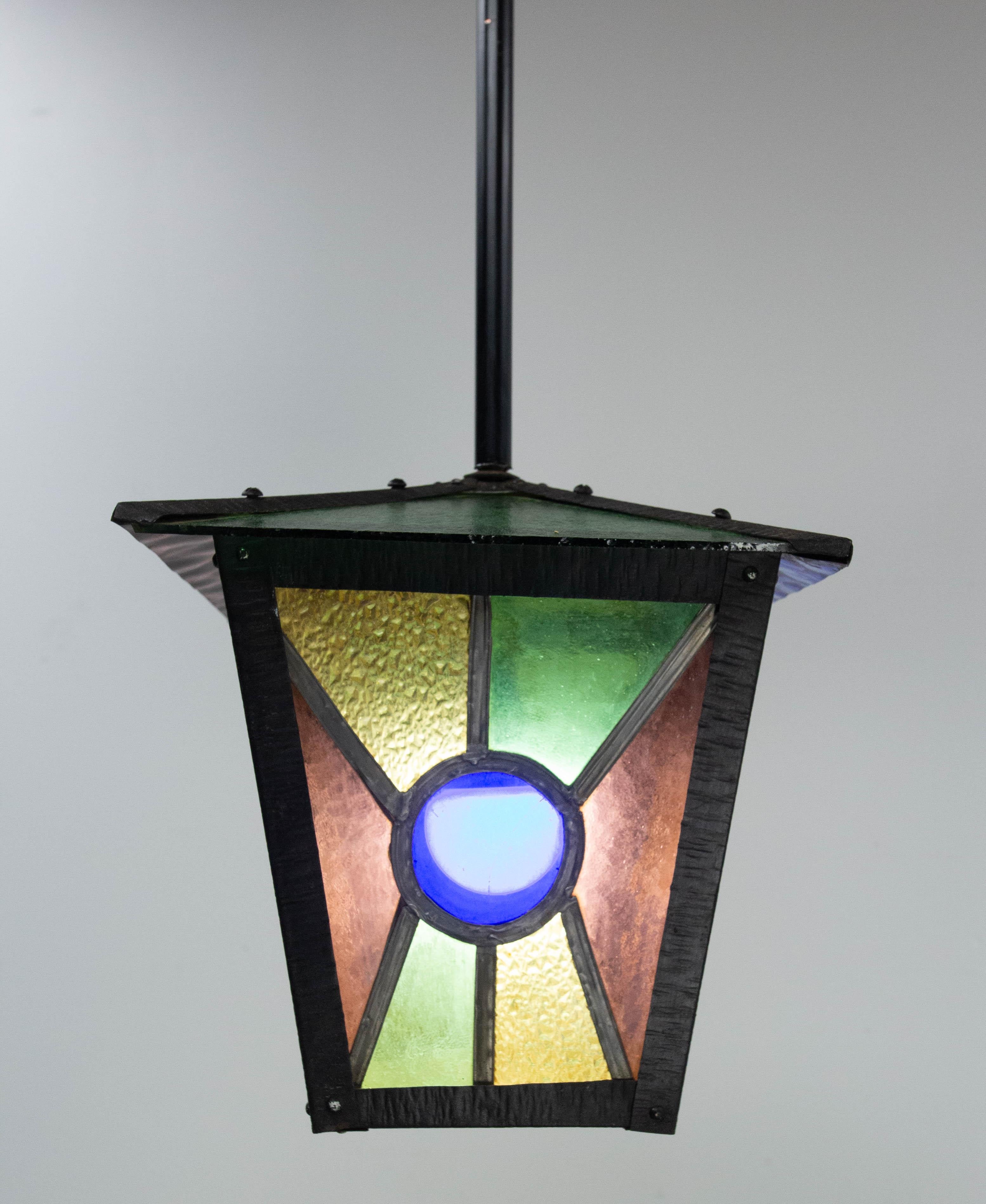 French Lustre Colored Glass &  Iron Ceiling Pendant Chandelier circa 1960 For Sale 2