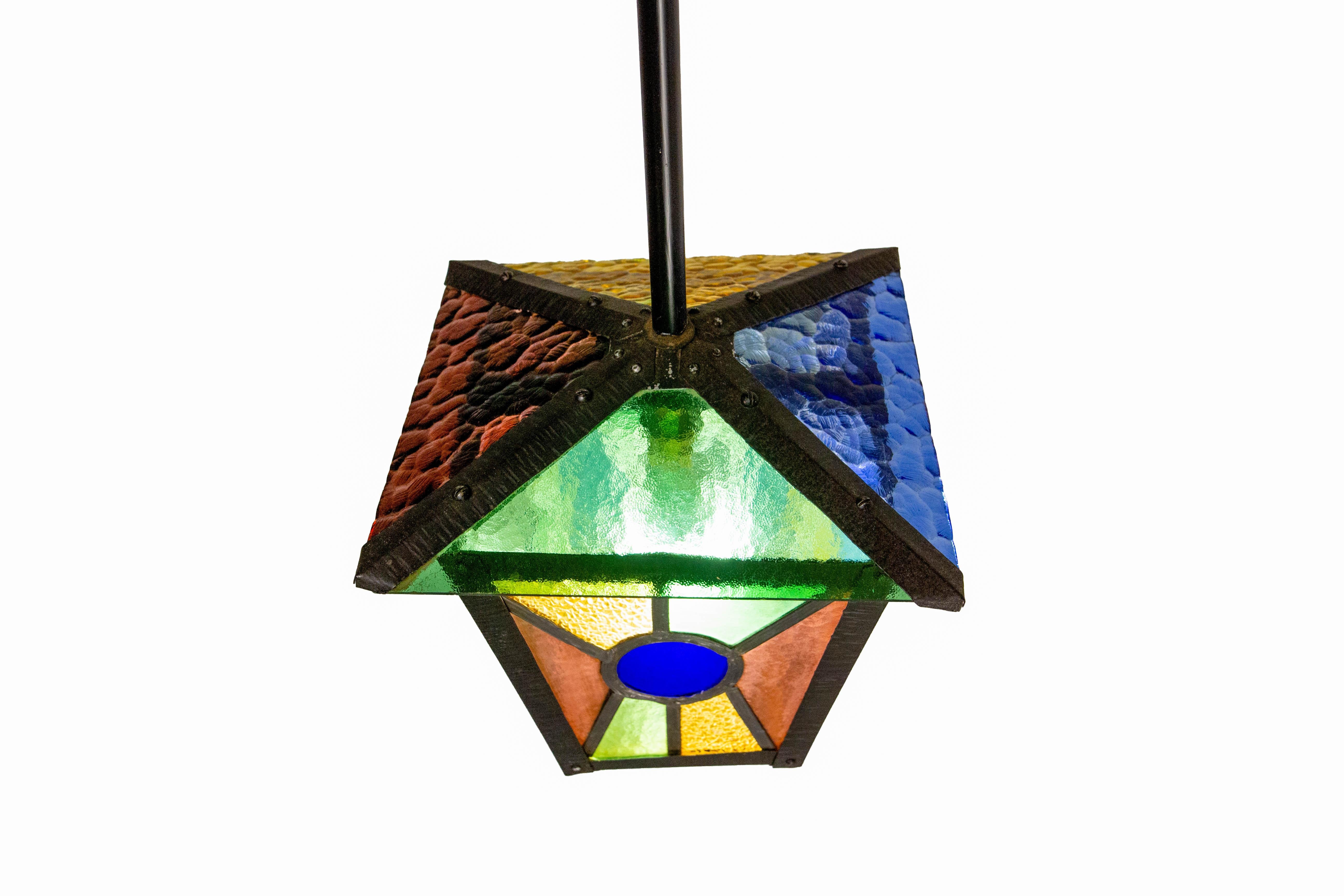 French Lustre Colored Glass &  Iron Ceiling Pendant Chandelier circa 1960 For Sale 3