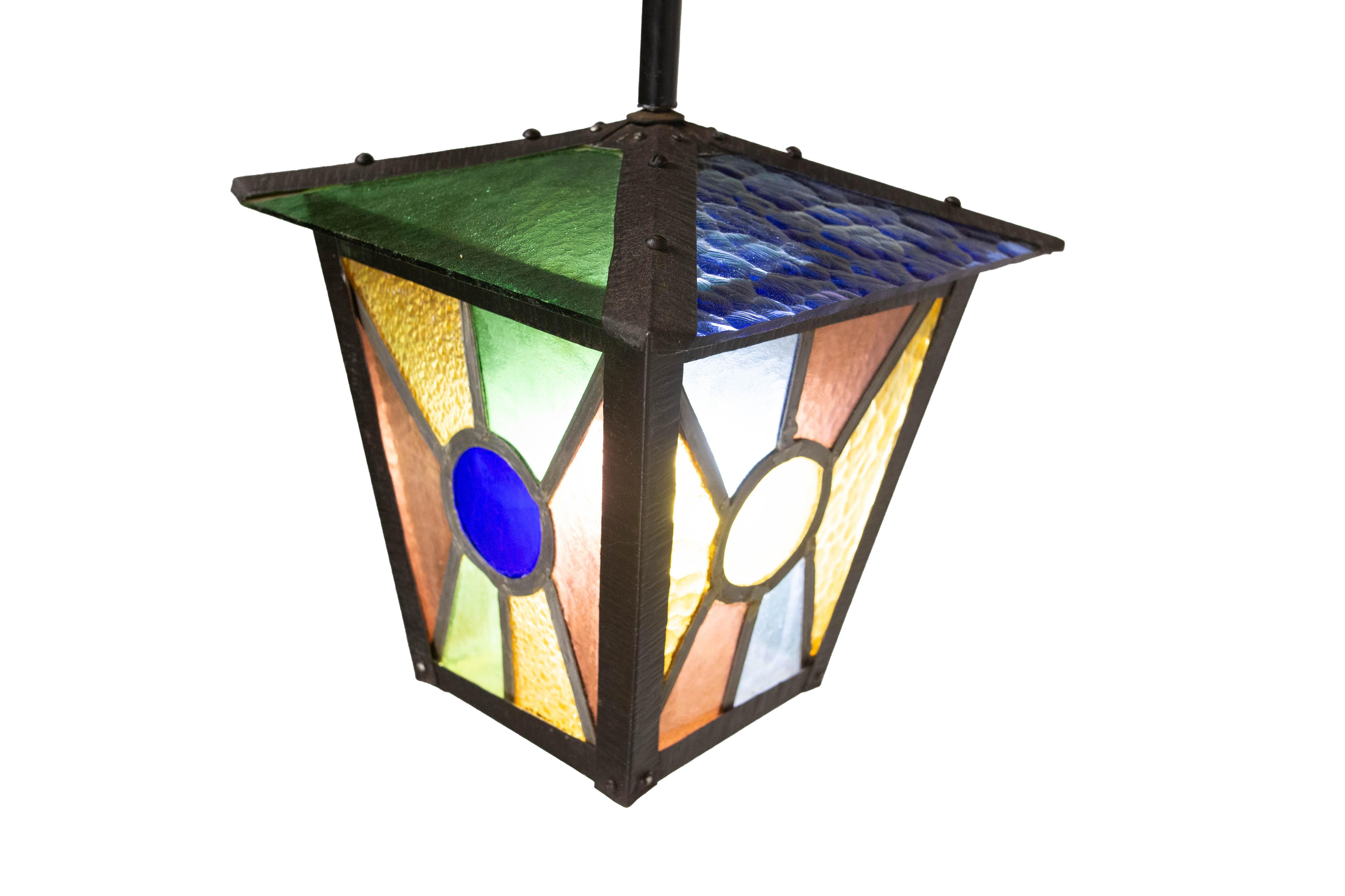 French Lustre Colored Glass &  Iron Ceiling Pendant Chandelier circa 1960 For Sale 4