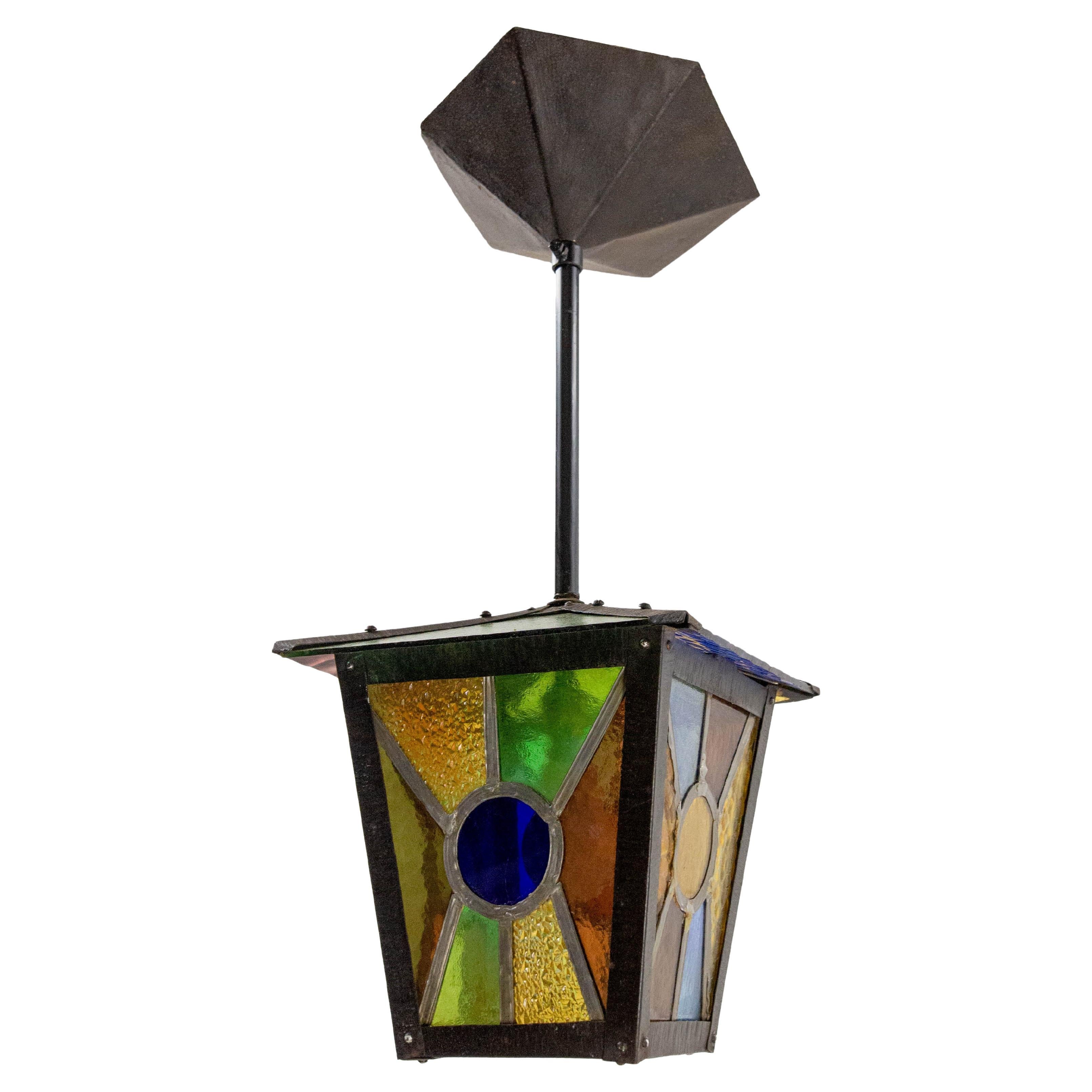 French Lustre Colored Glass &  Iron Ceiling Pendant Chandelier circa 1960