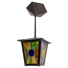 French Lustre Colored Glass &  Iron Ceiling Pendant Chandelier circa 1960