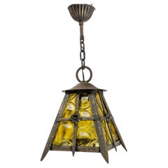 French Lustre Colored Glass &  Iron Ceiling Pendant Chandelier circa 1960