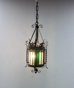French Lustre Colored Glass & Wrought Iron Ceiling Pendant Chandelier late 19thC