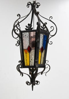 French Lustre Colored Glass & Wrought Iron Ceiling Pendant Chandelier late 19thC