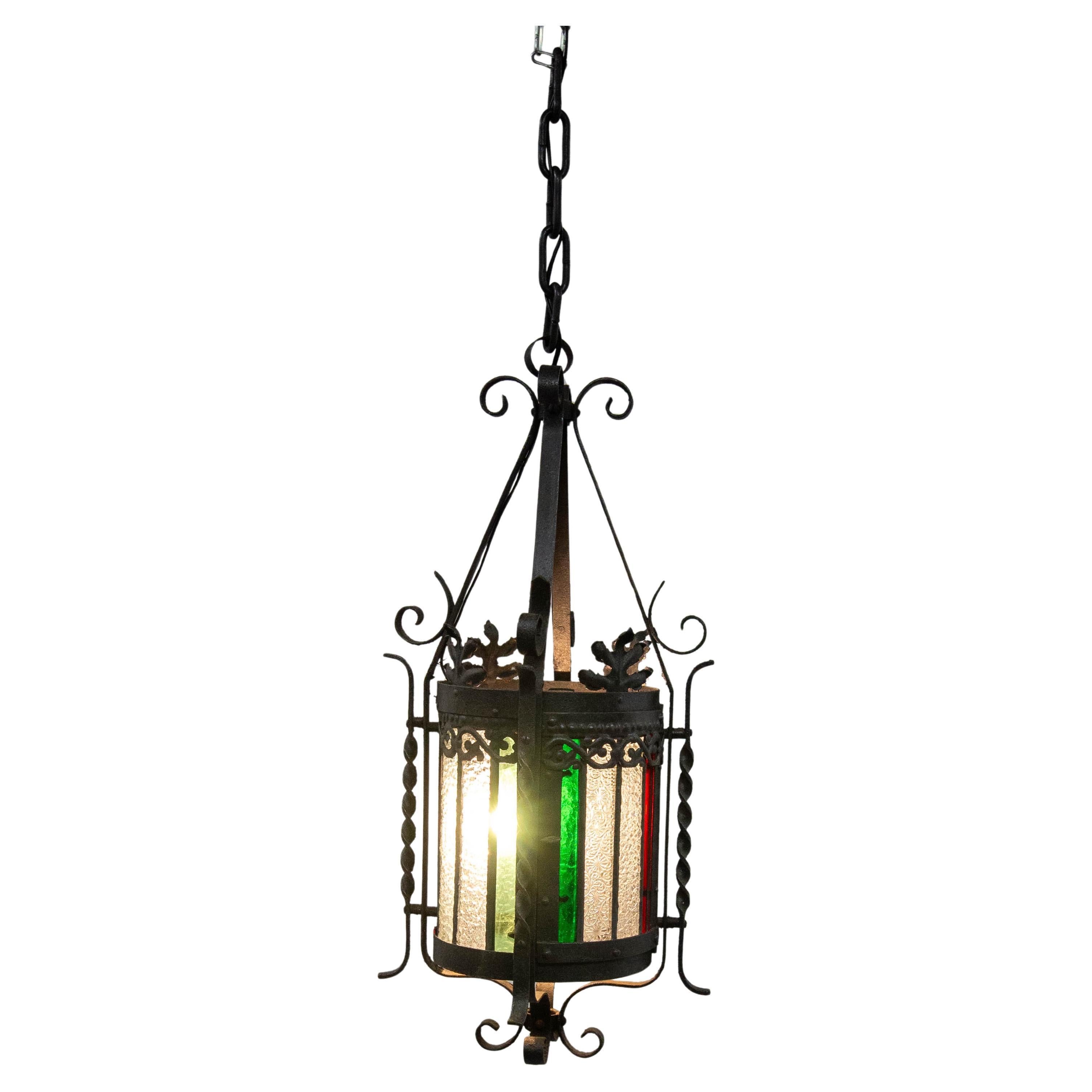 French Lustre Colored Glass & Wrought Iron Ceiling Pendant Chandelier late 19thC