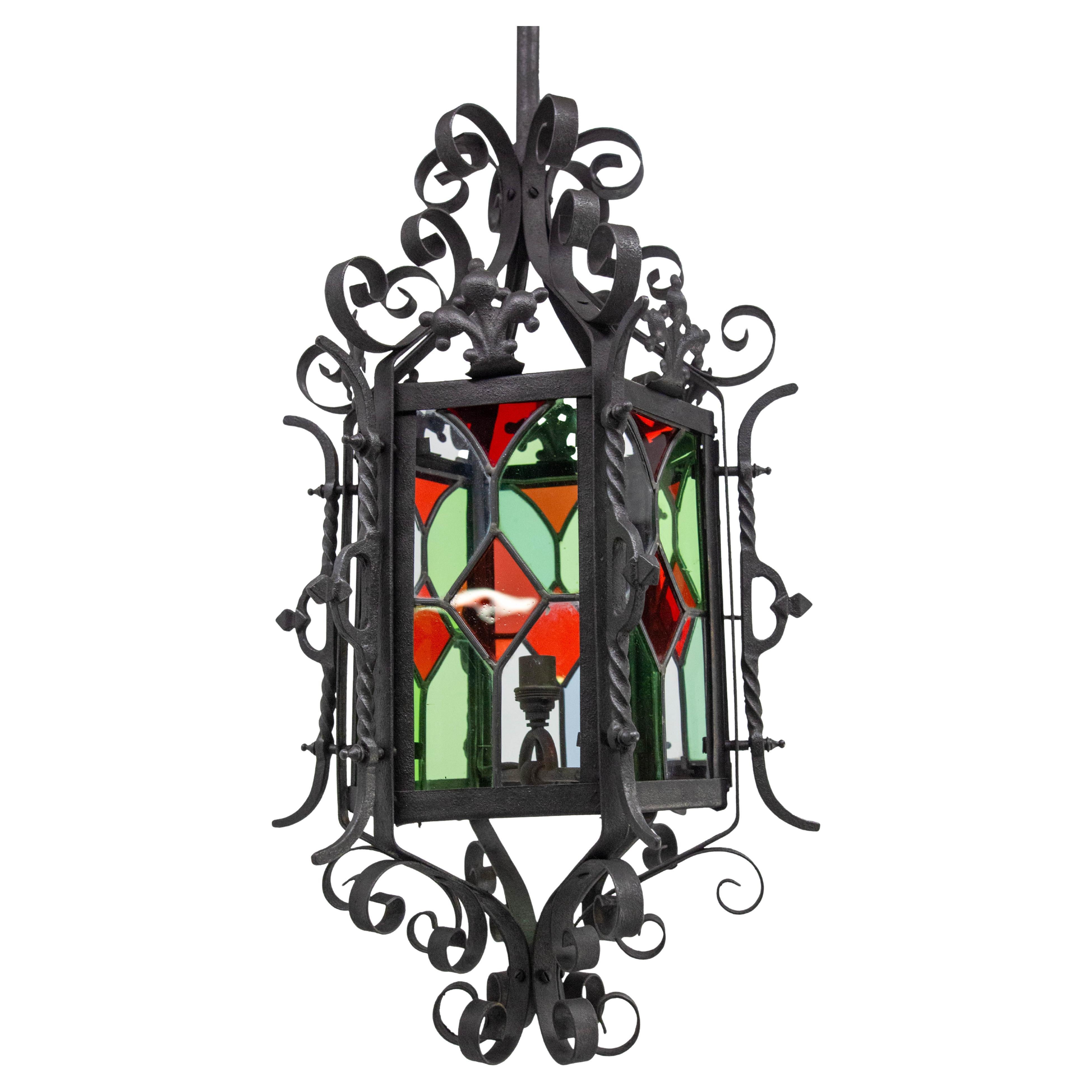 French Lustre Colored Glass & Wrought Iron Ceiling Pendant Chandelier late 19thC