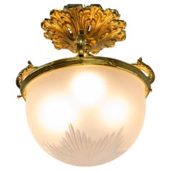 French Lustre Frozen Glass & Brass Ceiling Pendant Classical St, 20th Mid-C