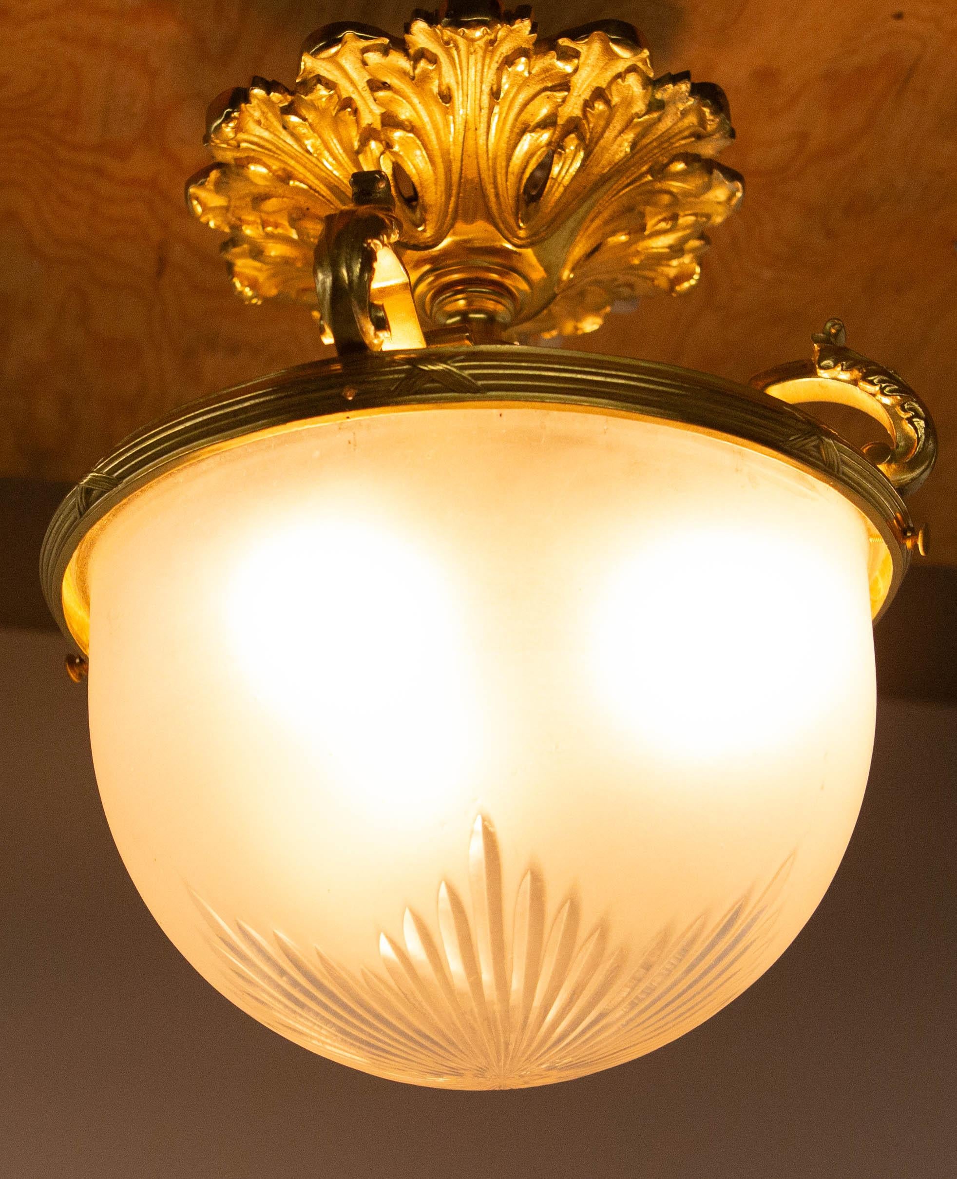 Art Nouveau French Lustre Frozen Glass & Brass Ceiling Pendant Classical St, 20th Mid-C  For Sale
