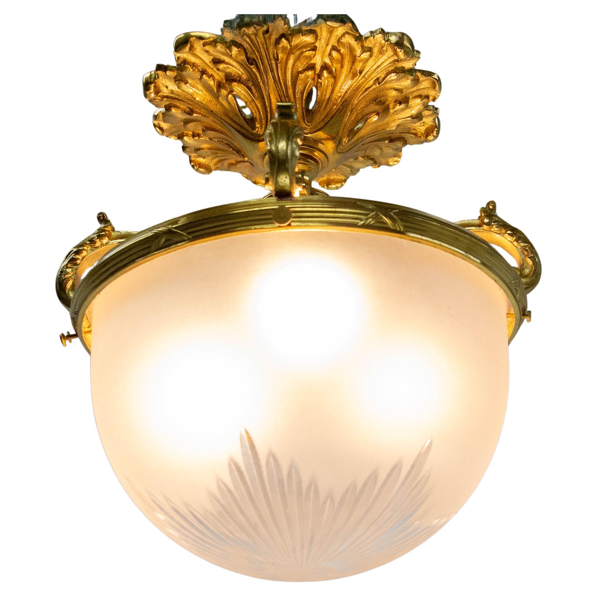 French Lustre Frozen Glass & Brass Ceiling Pendant Classical St, 20th Mid-C 