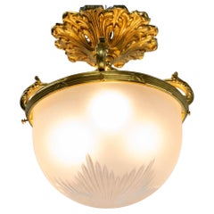 French Lustre Frozen Glass & Brass Ceiling Pendant Classical St, 20th Mid-C 