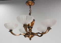 French Lustre Red Copper and Frosted Glass Chandelier, circa 1940