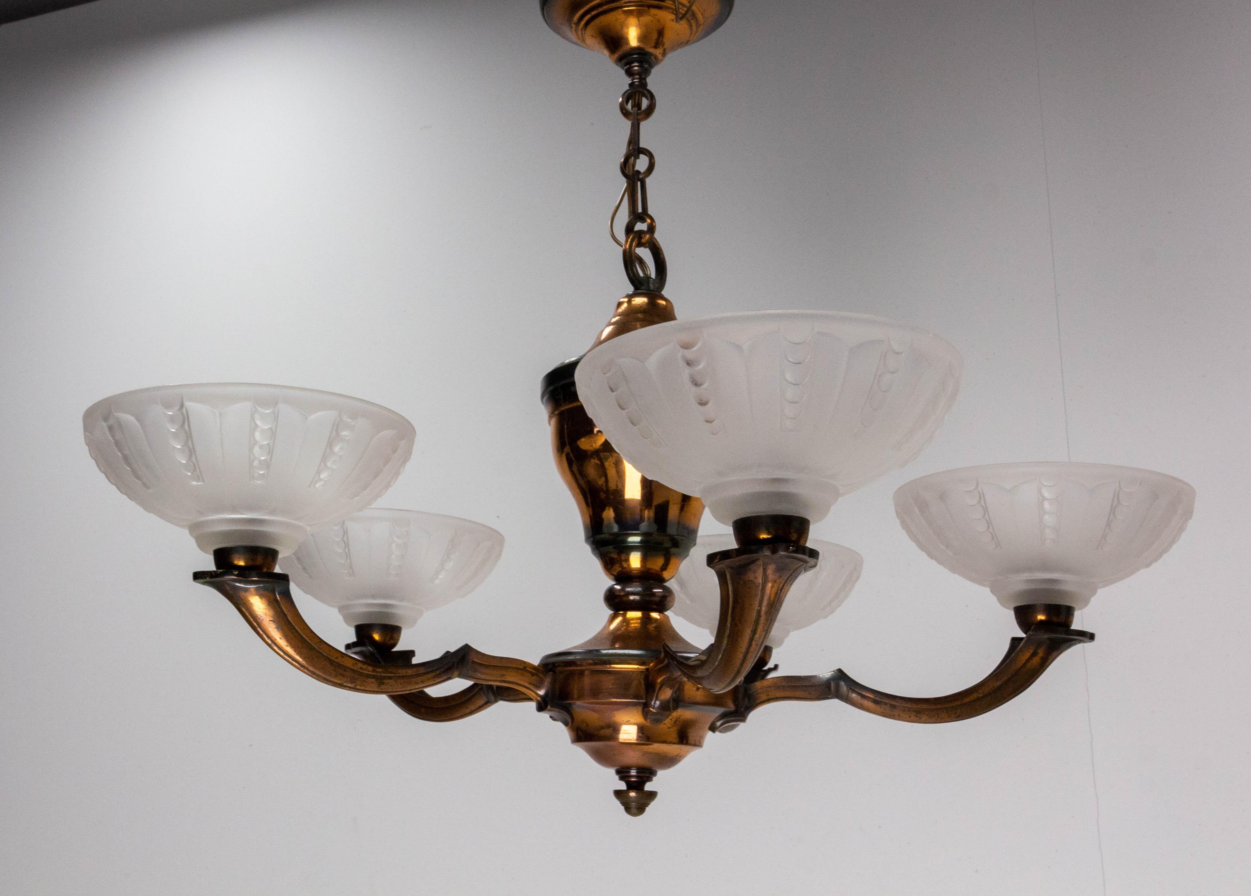 Mid-20th Century French Lustre Red Copper and Frosted Glass Chandelier, circa 1940