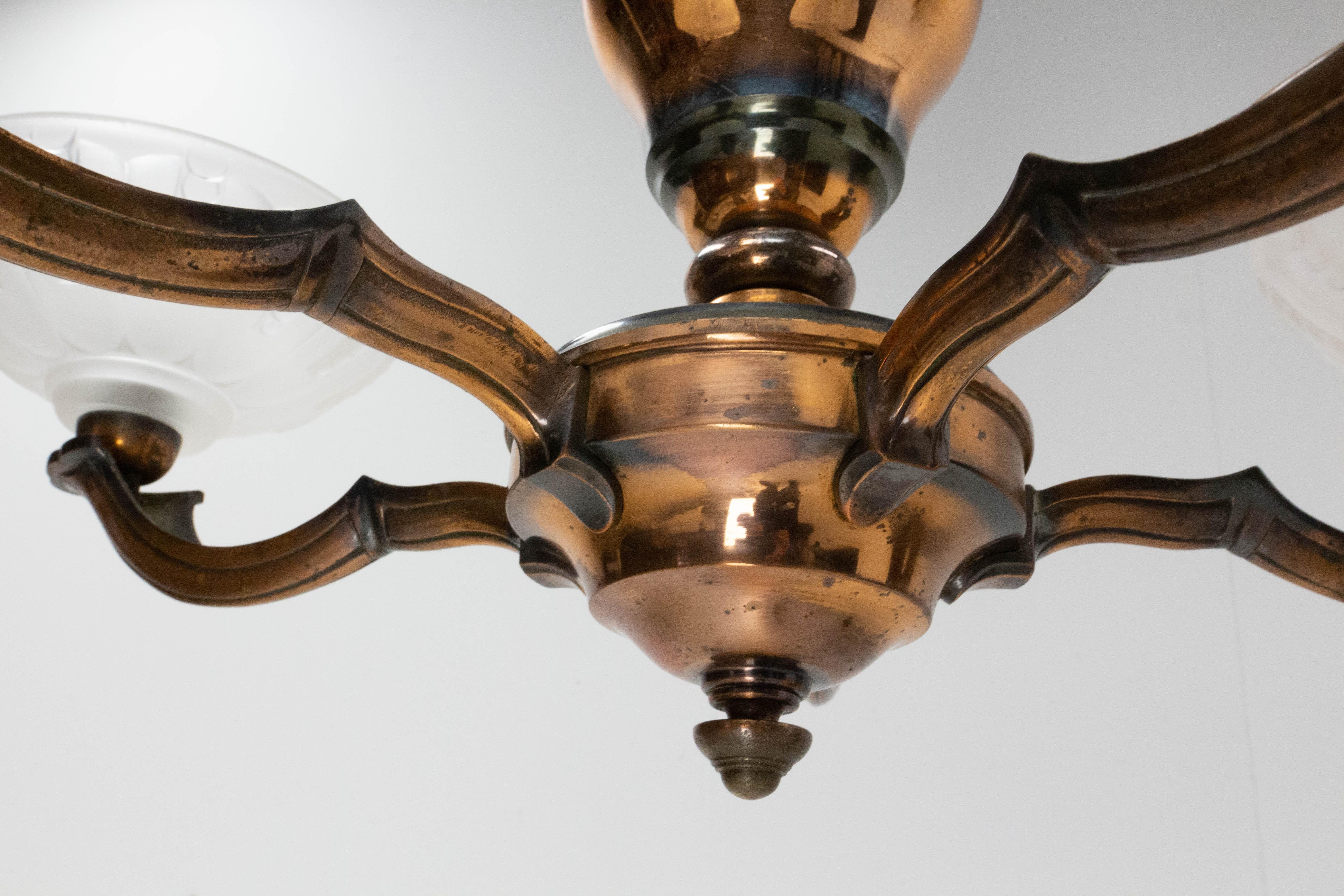 French Lustre Red Copper and Frosted Glass Chandelier, circa 1940 1