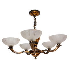 French Lustre Red Copper and Frosted Glass Chandelier, circa 1940