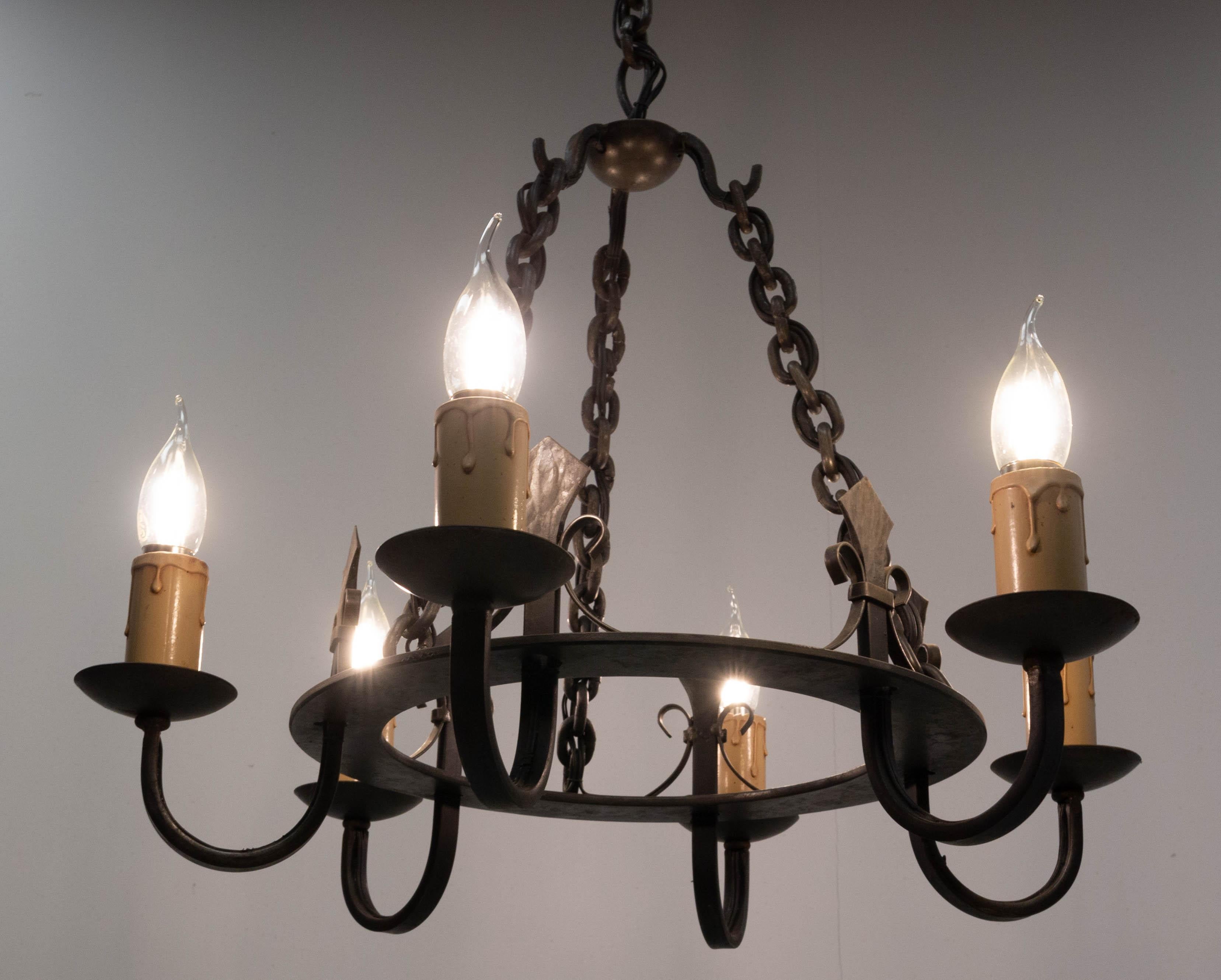 Mid-Century Modern French Lustre Wrought Iron with Fleur-de-lys Chandelier, circa 1940 For Sale