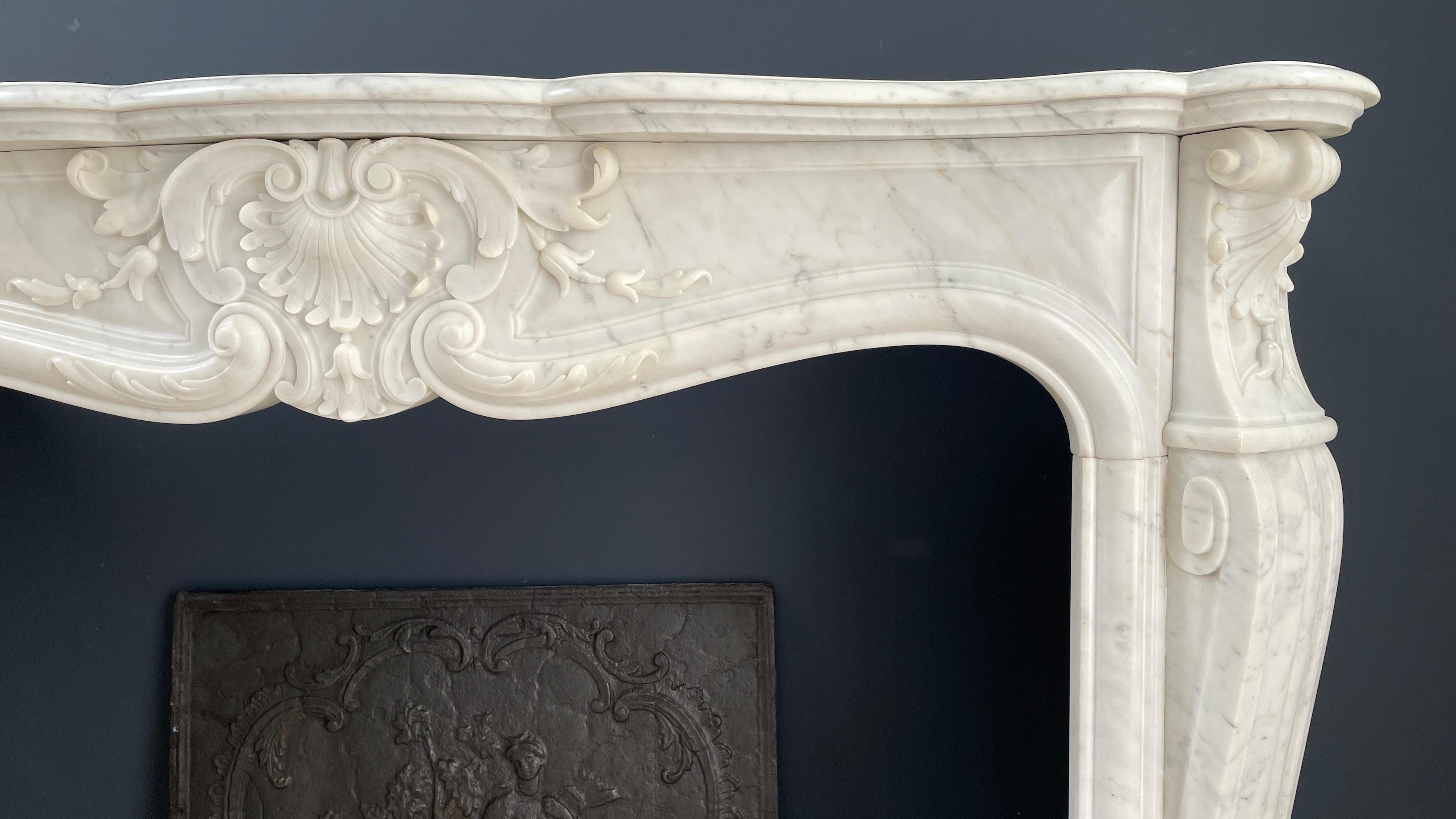 Hand-Carved French Luxury Antique Carrara Marble Half Circulation Fireplace For Sale