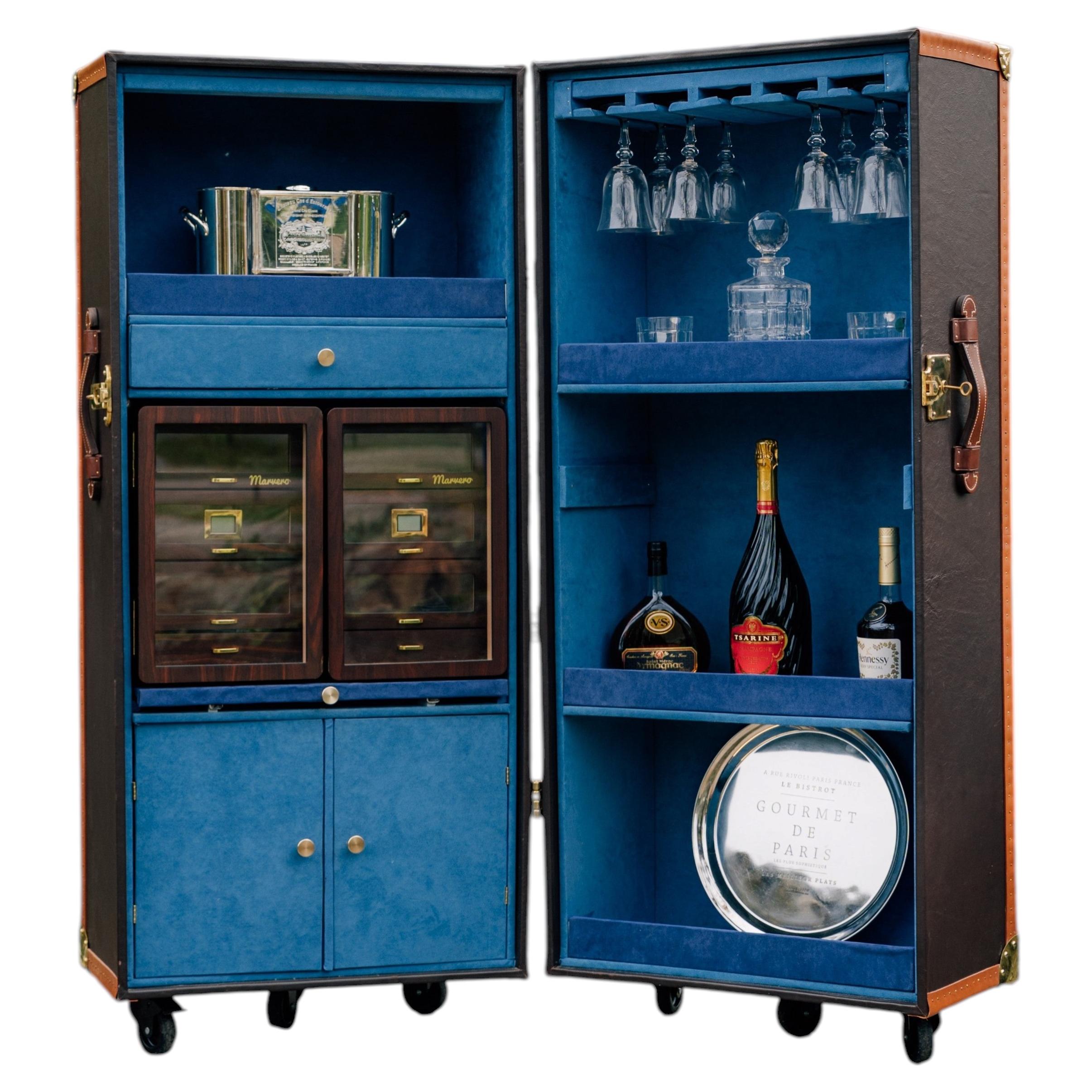 French Luxury Bar Trunk with Humidor, Leather & Brass, 2025 For Sale