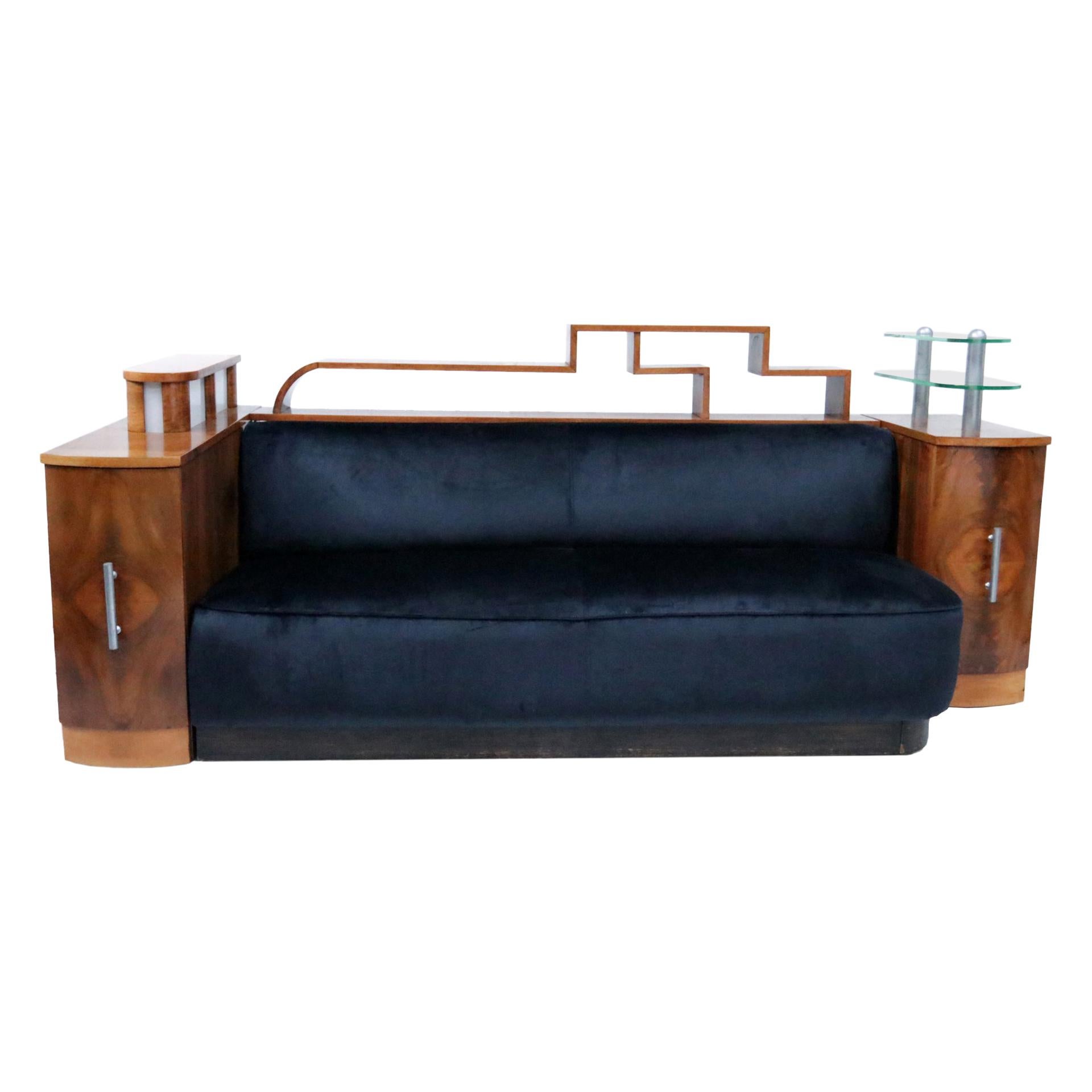 French Luxury Glamorous Art Deco Sofa Integrated Light, circa 1925
