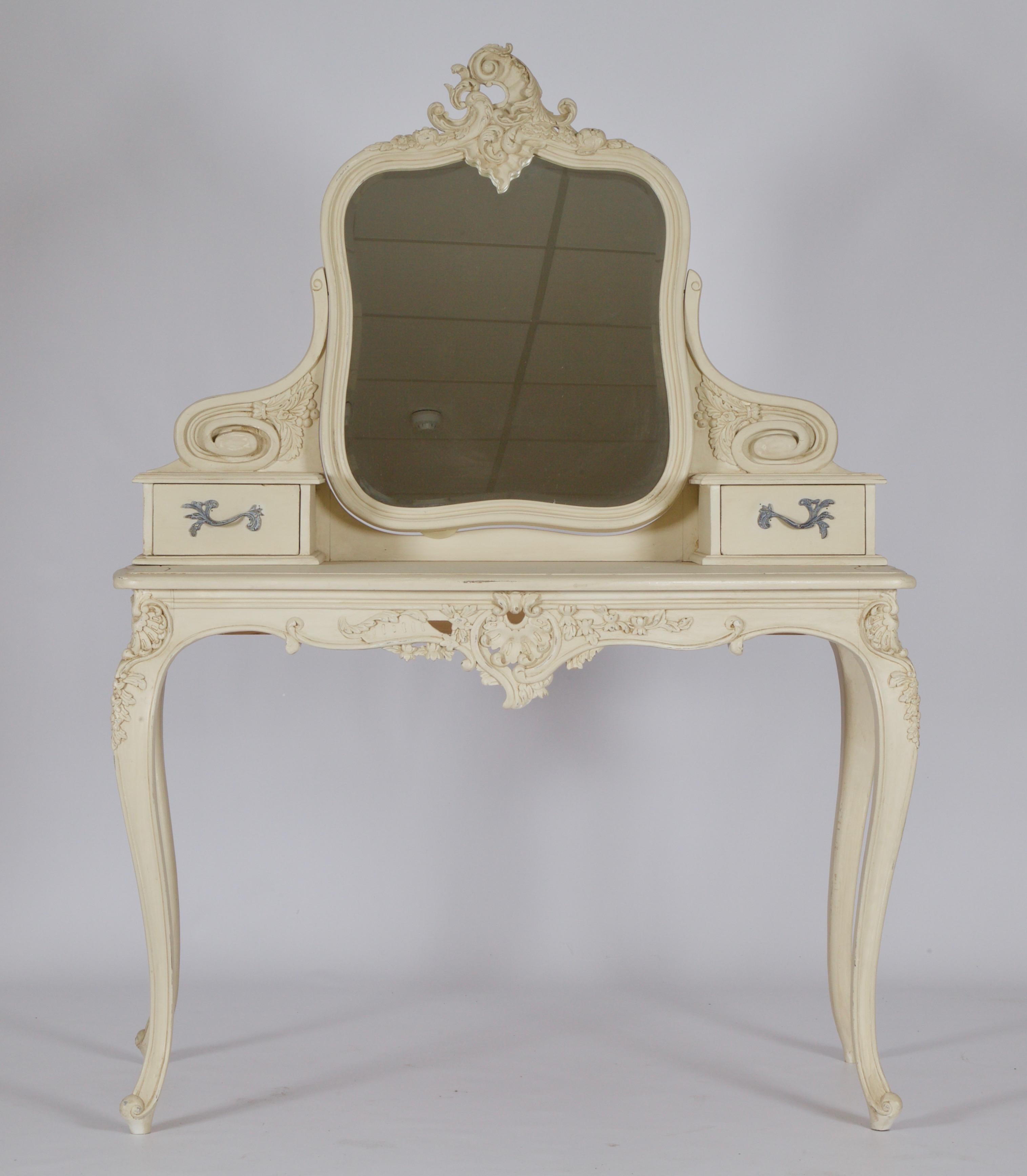 Louis XV French LXV Style Dressing Table Finished in Antique White For Sale