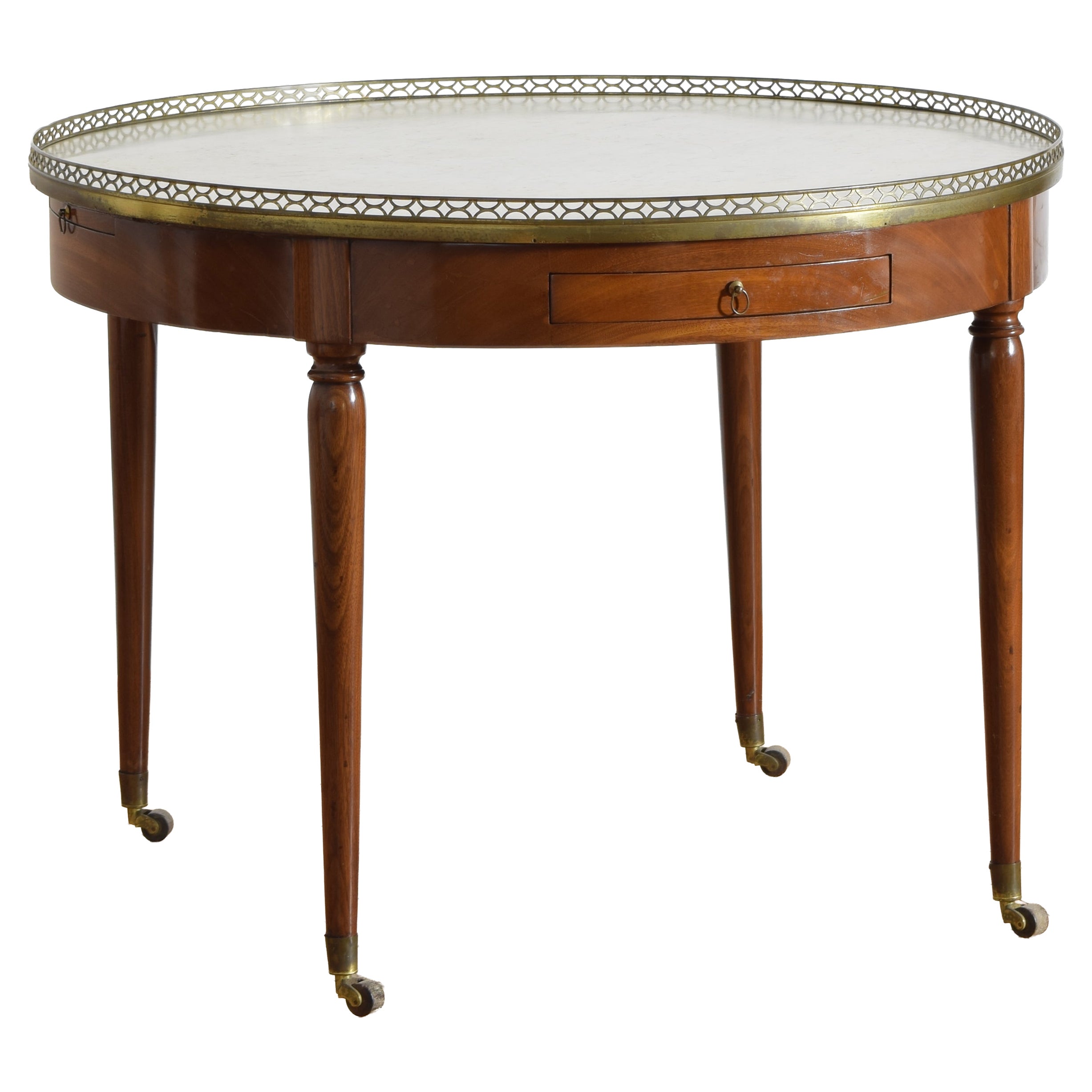 Grande table à bouillotte LXVI en acajou, marbre, cuir et laiton, vers 1780