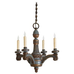 French LXVI Style Carved and Painted Wooden 4-Light Chandelier