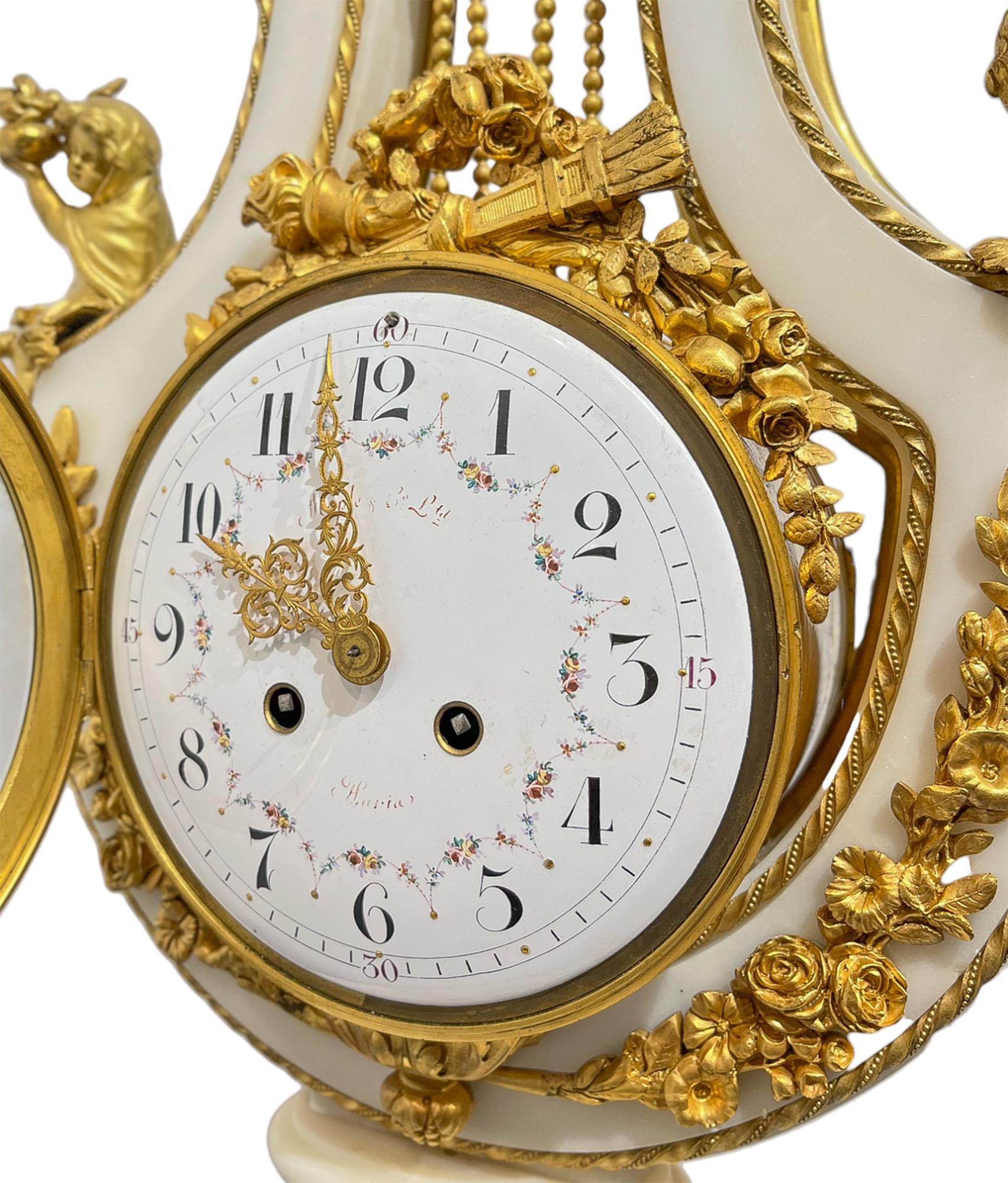 Französische Leier-Uhr aus Marmor, Goldbronze und geschliffenem Glas im Angebot 4