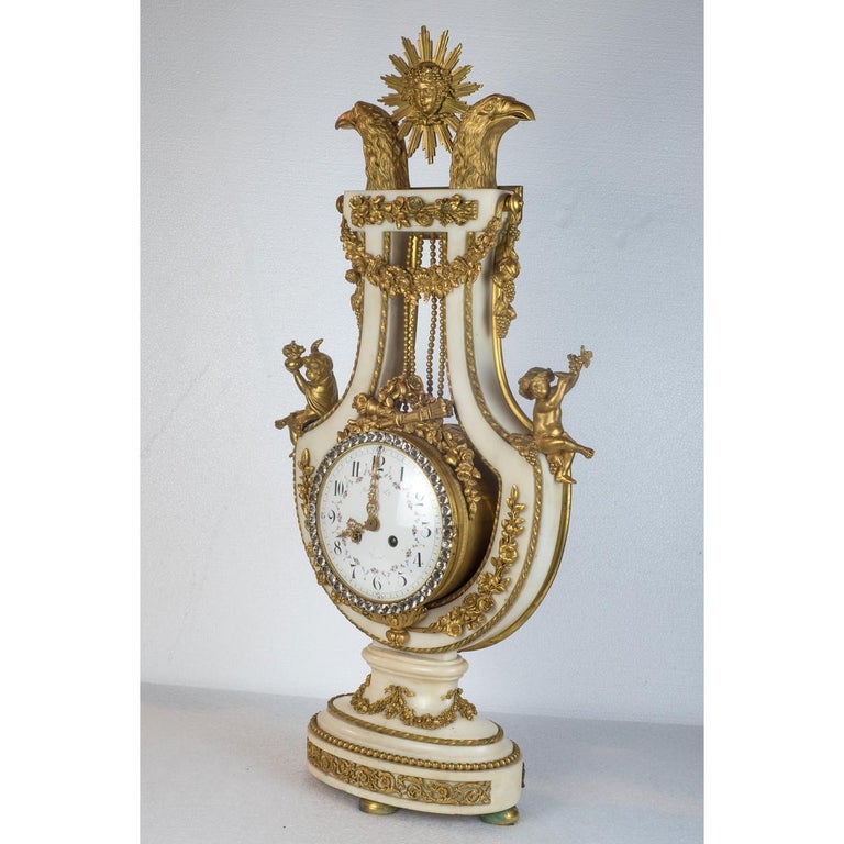 French Lyre Shaped Clock with Marble, Ormolu, and Cut Glass In Good Condition For Sale In New York, NY
