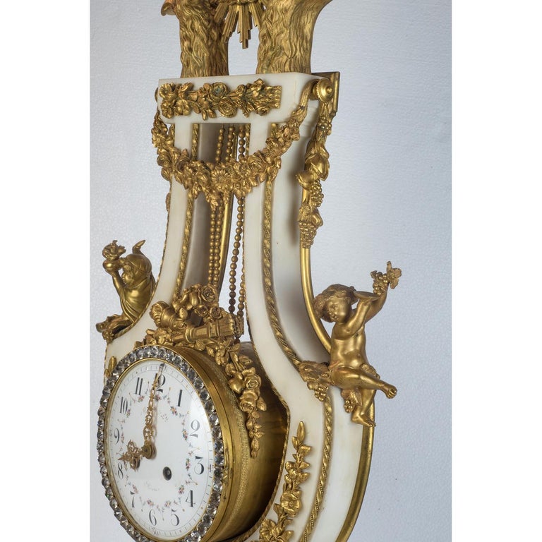 19th Century French Lyre Shaped Clock with Marble, Ormolu, and Cut Glass For Sale