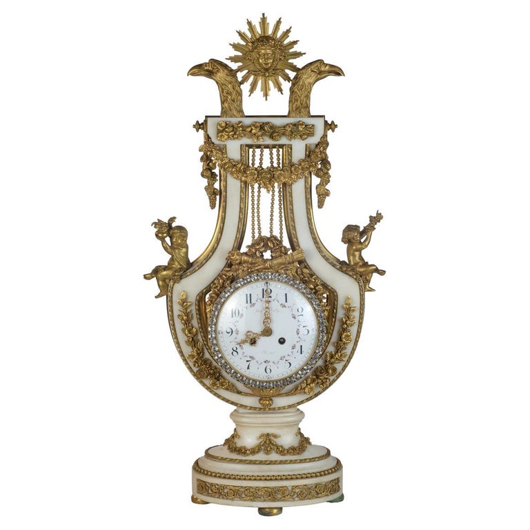French Lyre Shaped Clock with Marble, Ormolu, and Cut Glass For Sale