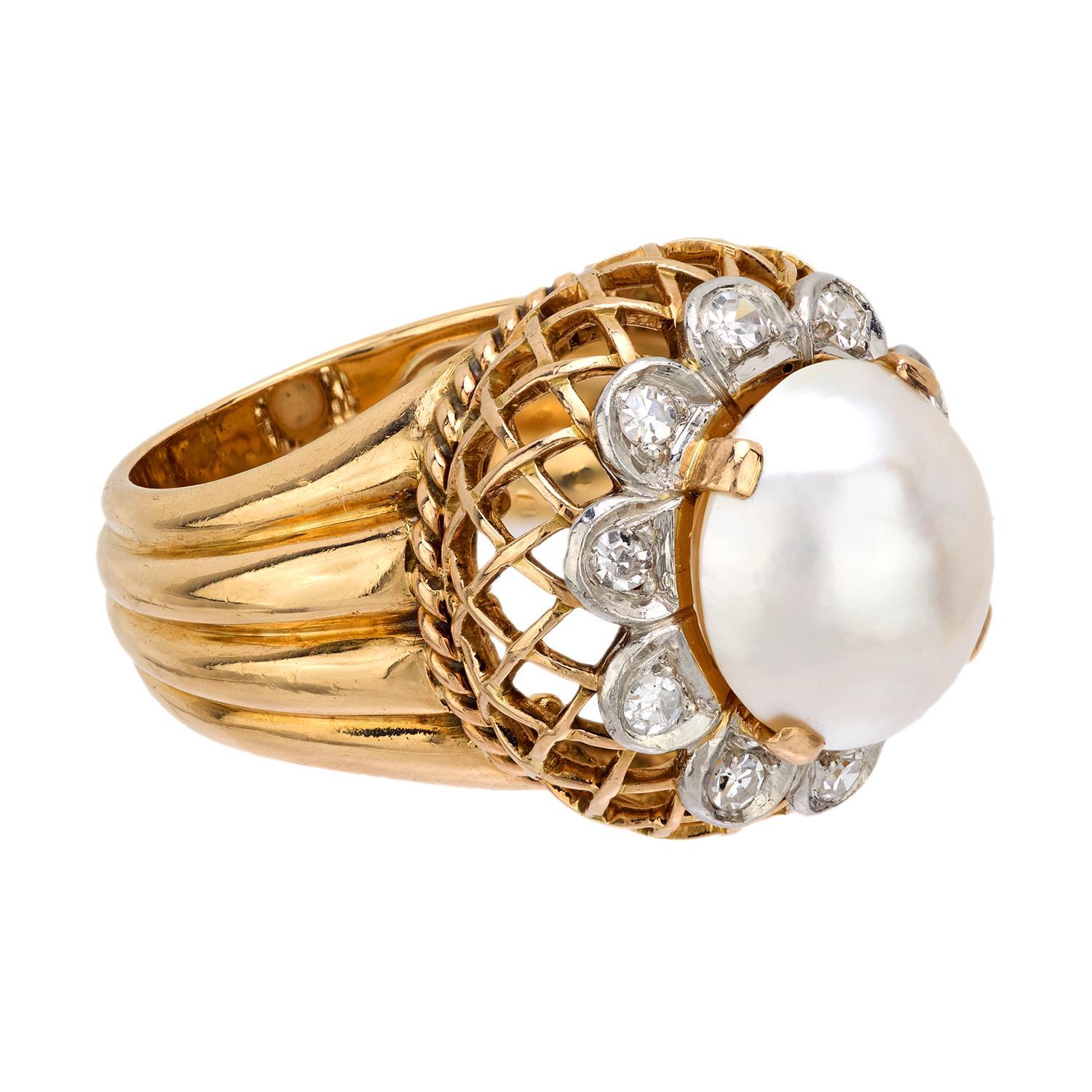 Retro French Mabé pearl diamond 18k yellow gold cocktail ring For Sale