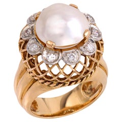 French Mabé pearl diamond 18k yellow gold cocktail ring