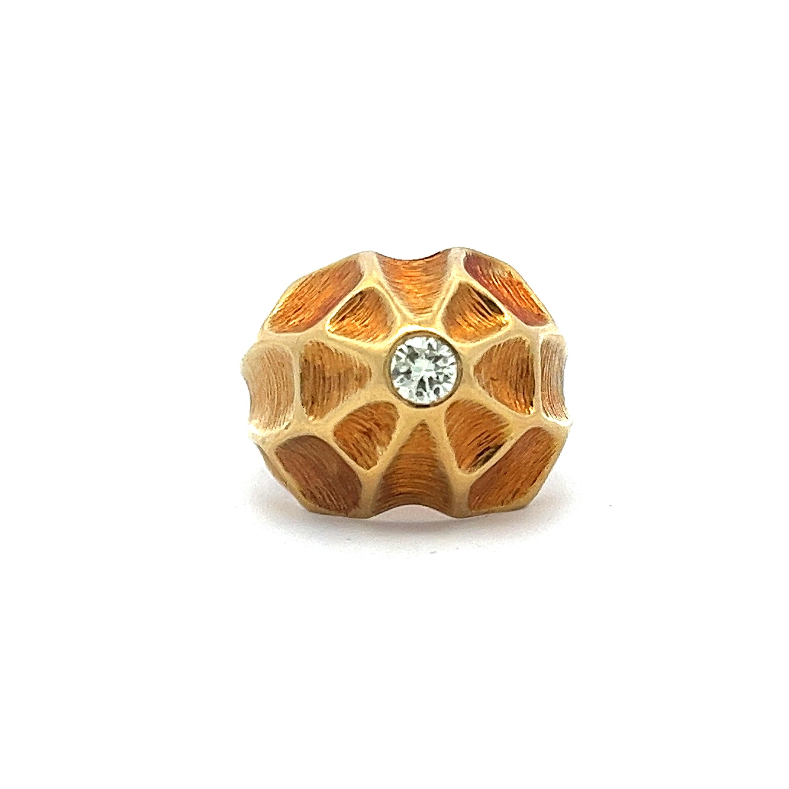 This modernist artisan ring, fashioned from 18-karat yellow gold, is designed to be suitable for both men and women. At the centerpiece, a single diamond weighing 0.17 carats is embedded at the apex of the dome. The ring's unique structure and