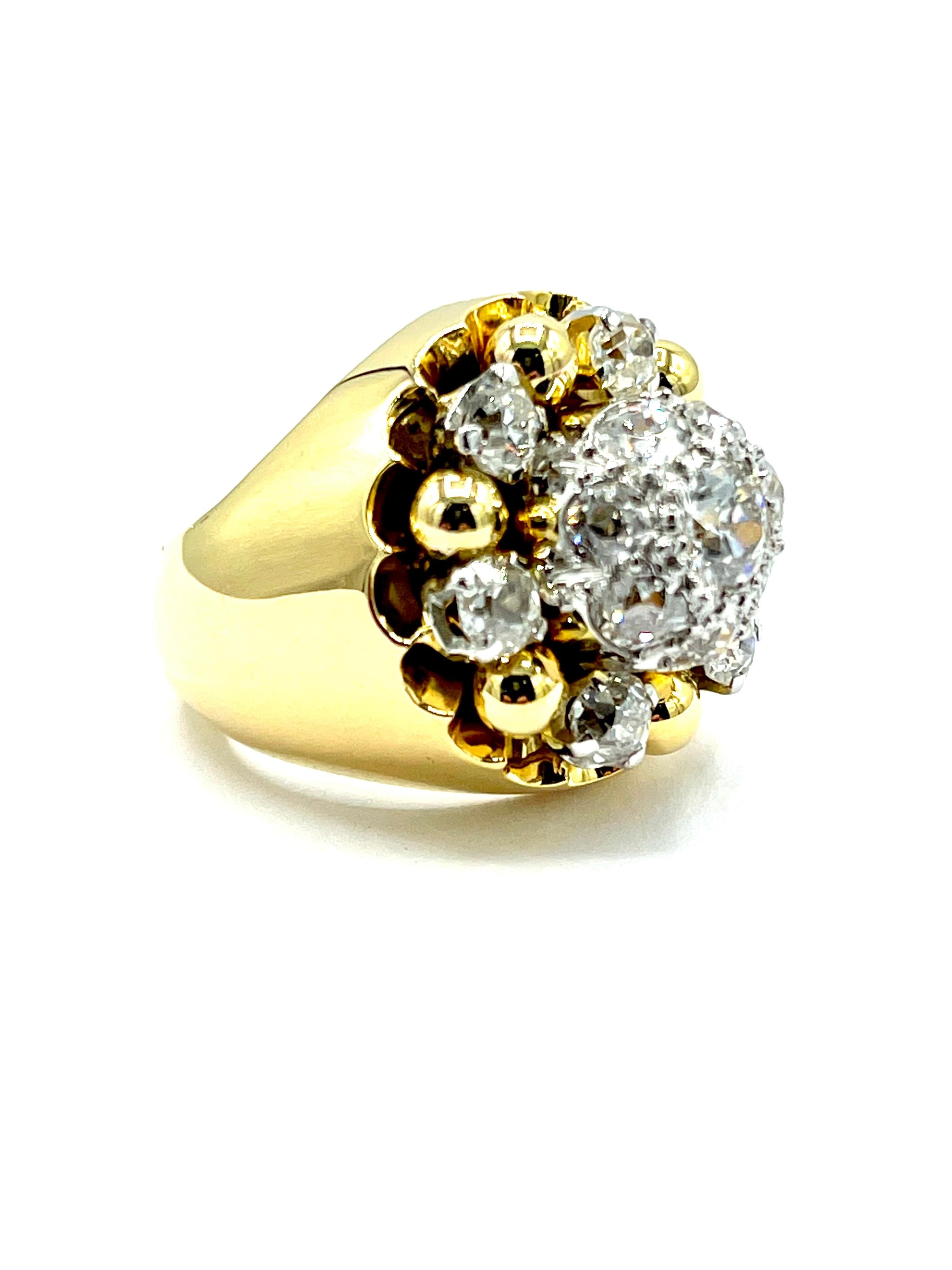 Retro French Made 2.10 Carat Old European Cut Diamond and 18k Yellow Gold Ring For Sale
