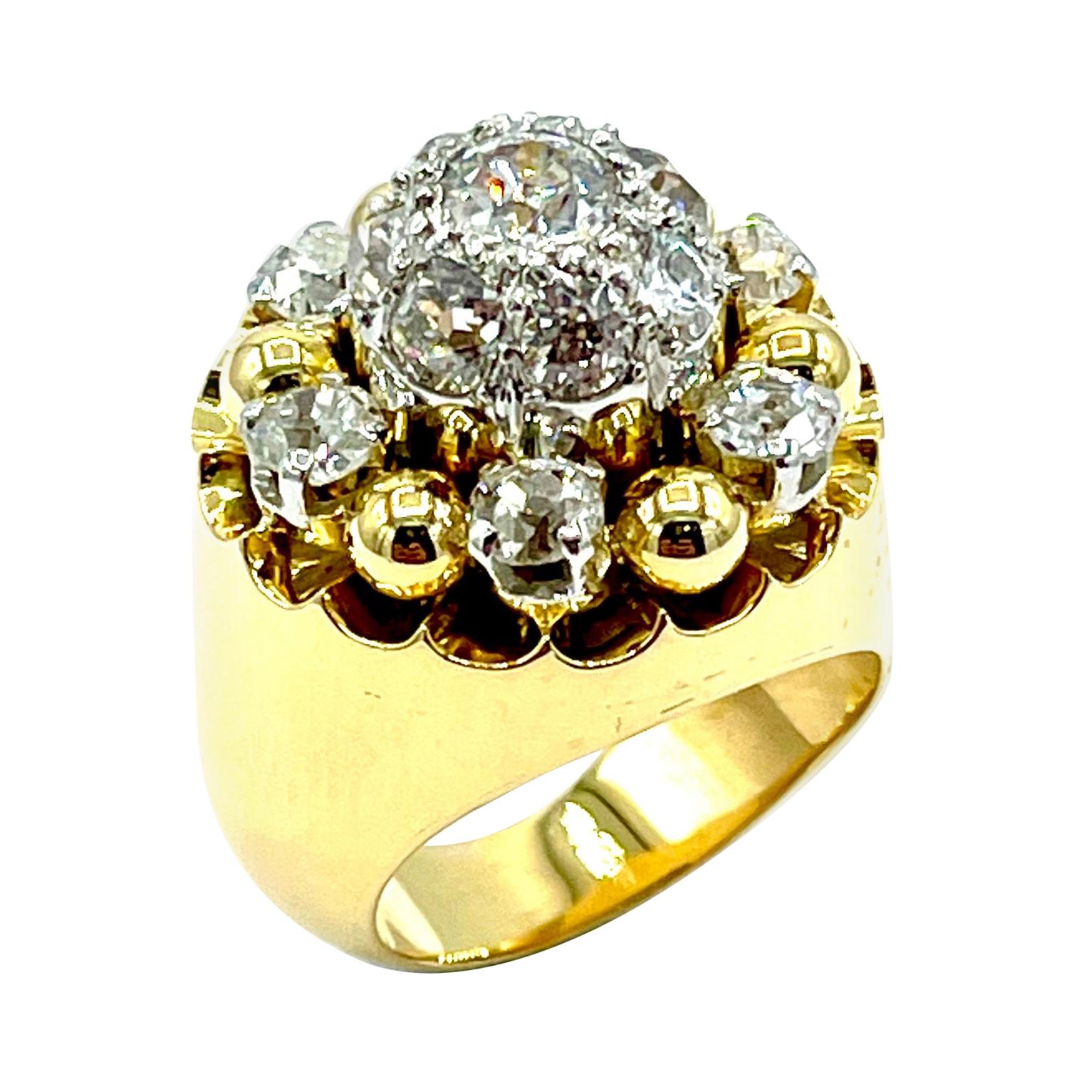 French Made 2.10 Carat Old European Cut Diamond and 18k Yellow Gold Ring