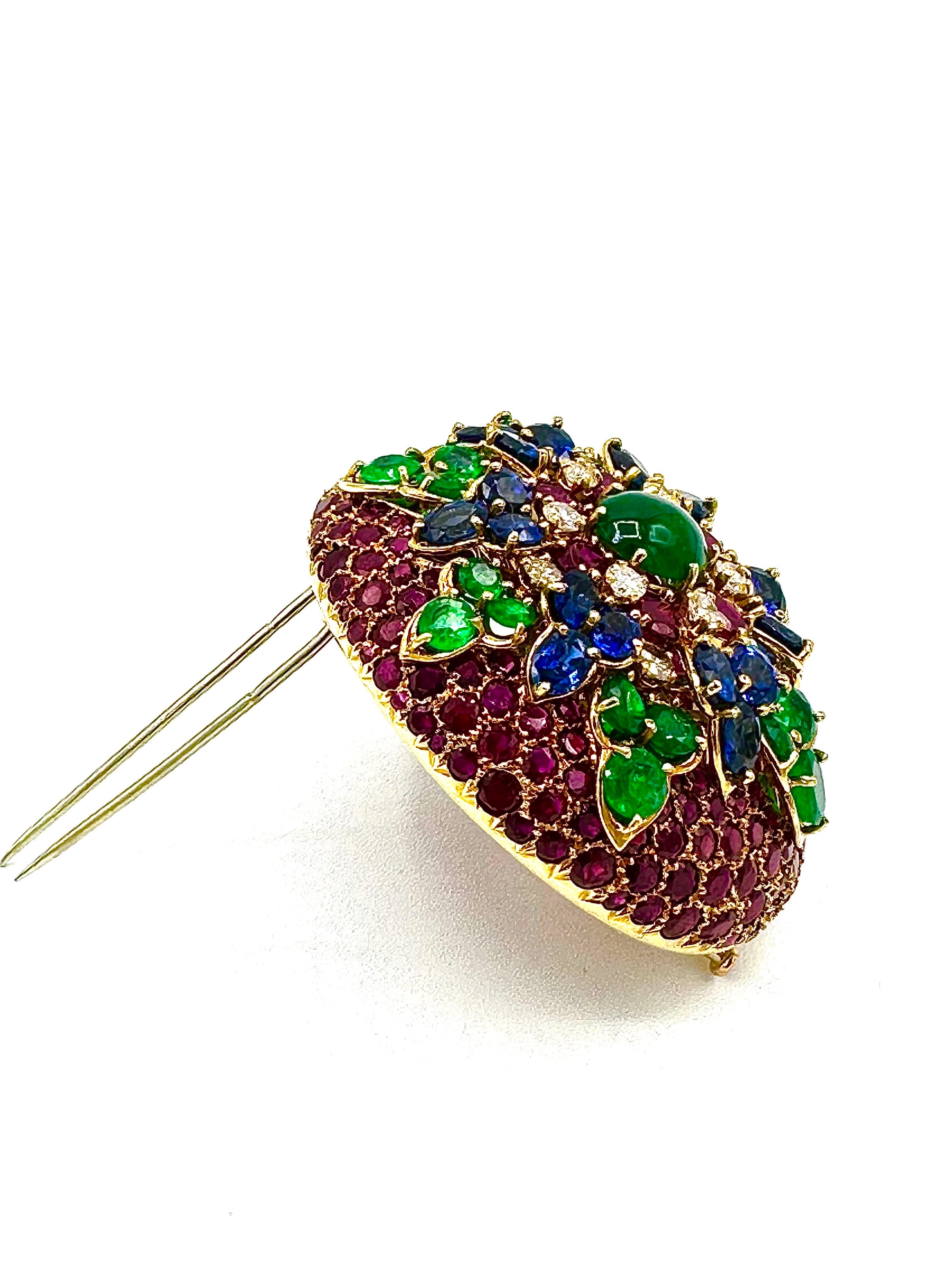 Retro French Made Ruby Emerald Sapphire and Diamond 18K Yellow Gold Brooch For Sale
